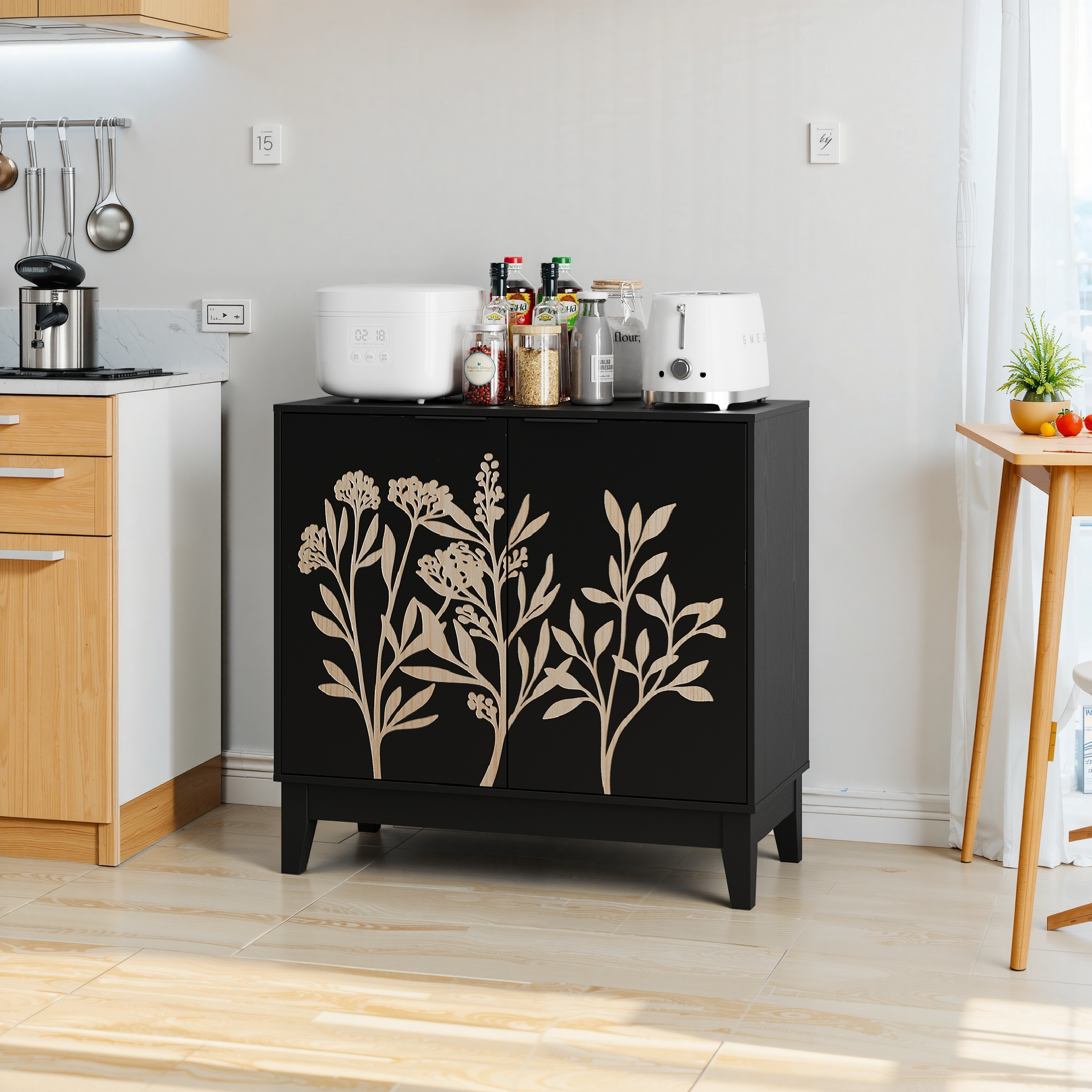 Logidon 80 cm Buffetschrank Schwarz Mit Schnitzwerk Und Verstellbaren Regalen