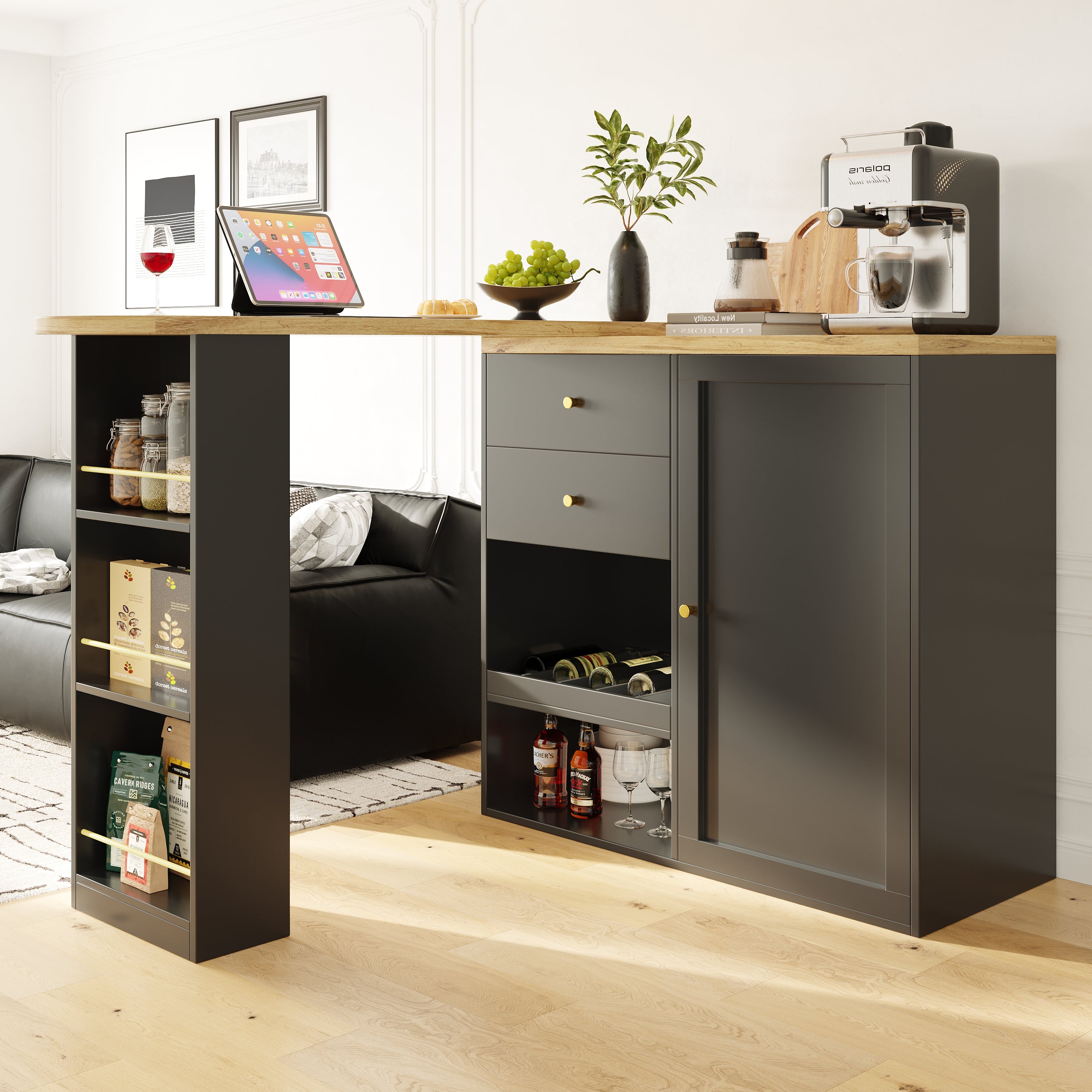 Logidon 360° draaibare bartafel 138 cm zwart met 2 lades