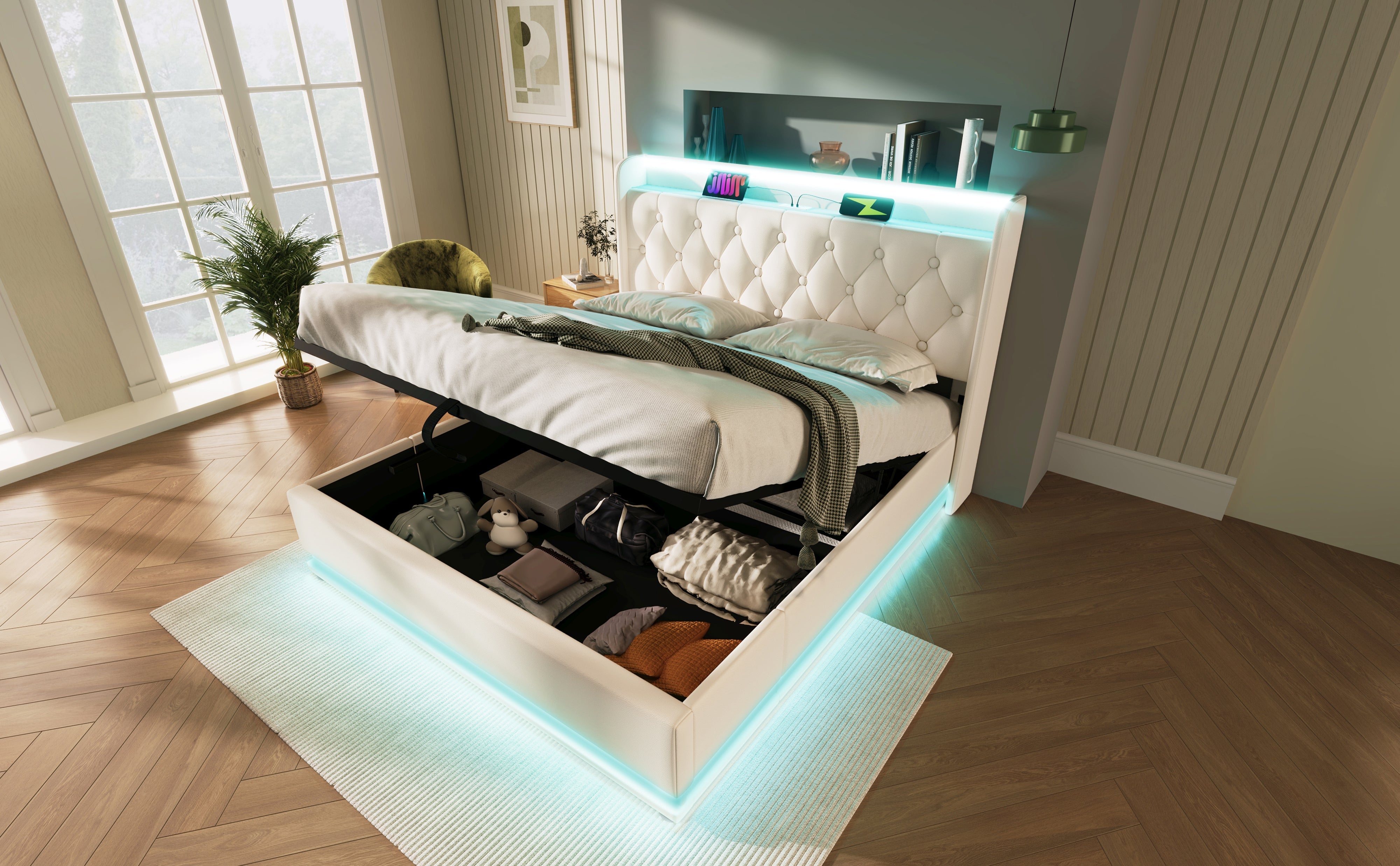 Logidon gestoffeerd bed tweepersoonsbed 180x200 cm wit PU, 360 surround LED