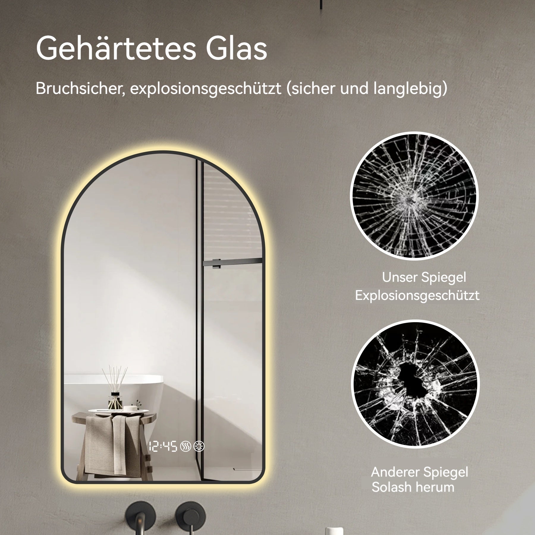 Logidon LED badkamerspiegel 70x120 cm gebogen tijd- en temperatuurweergave dimbaar