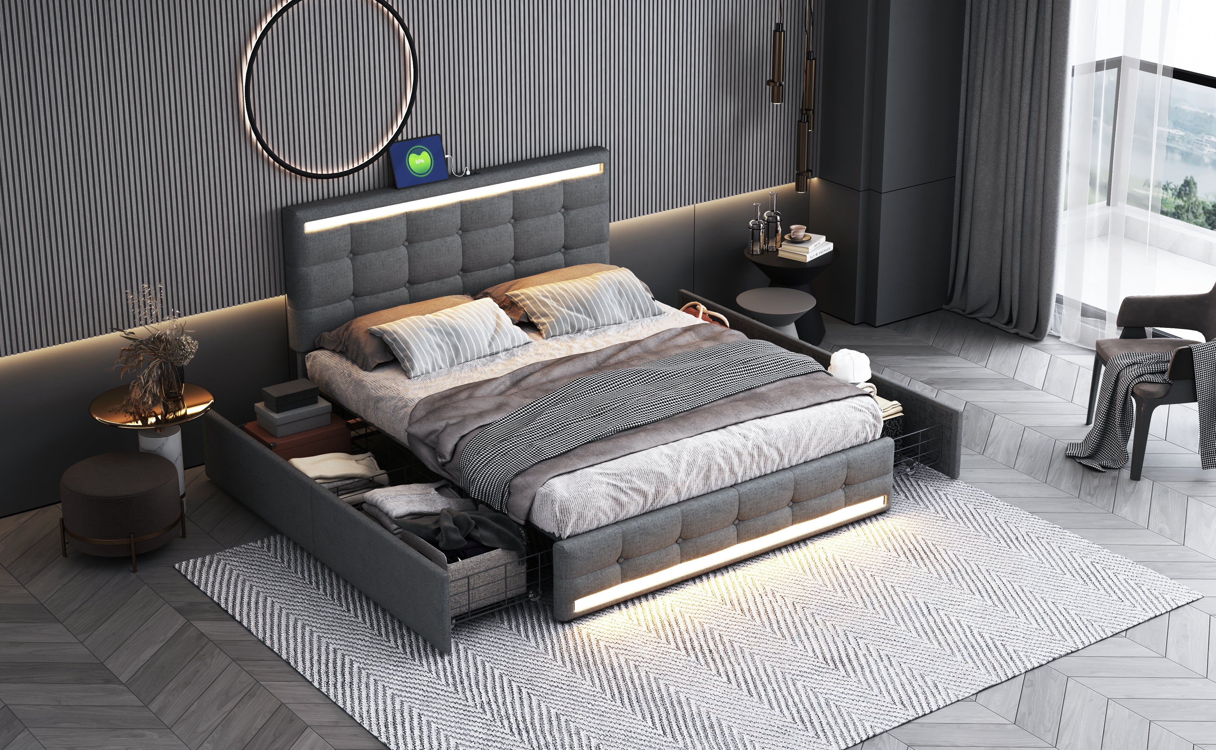Logidon gestoffeerd bed 140x200 cm grijs LED opbergruimte USB 4 lades