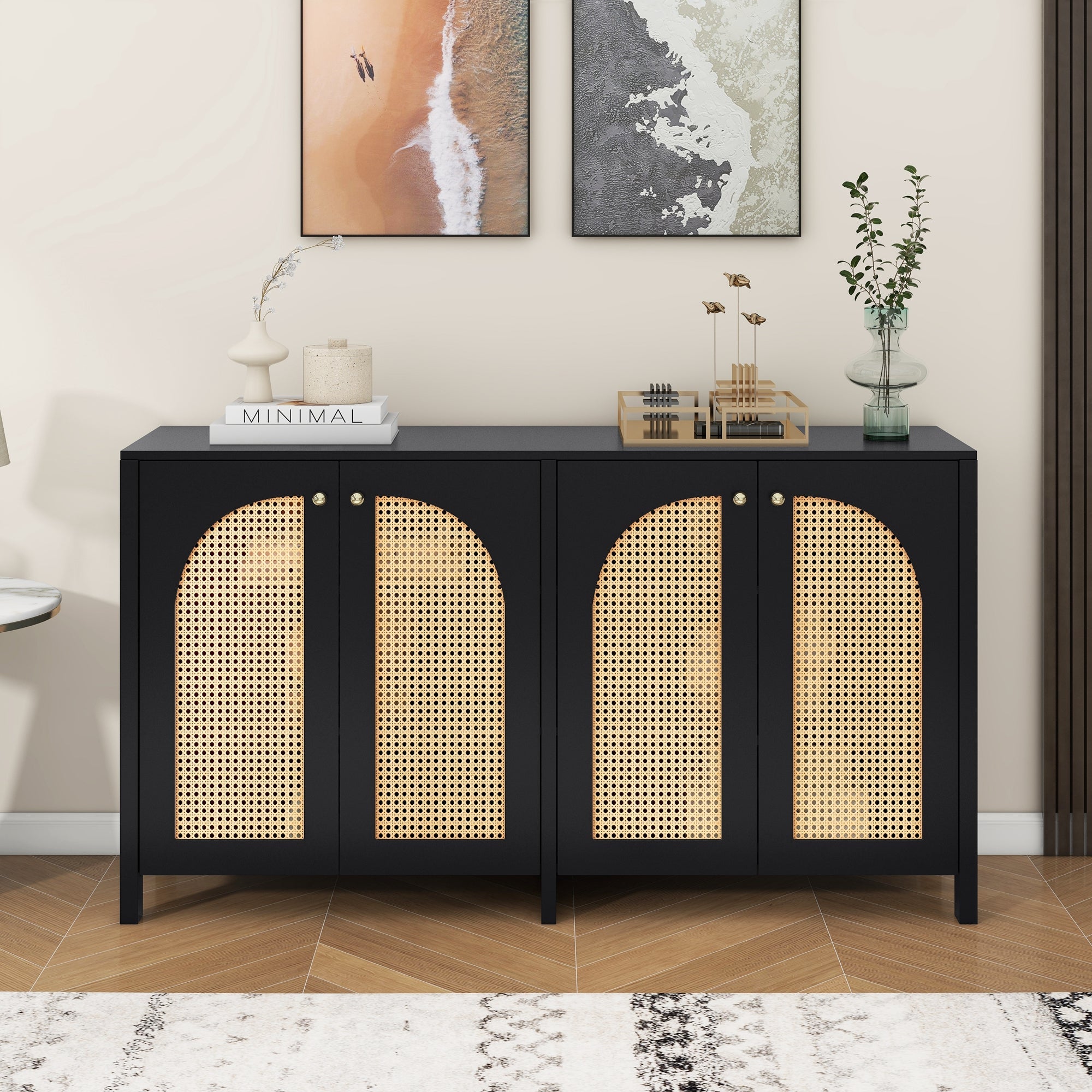 Logidon Dressoir Zwart Met Rotan Deuren Modern Buffet 145x40x80