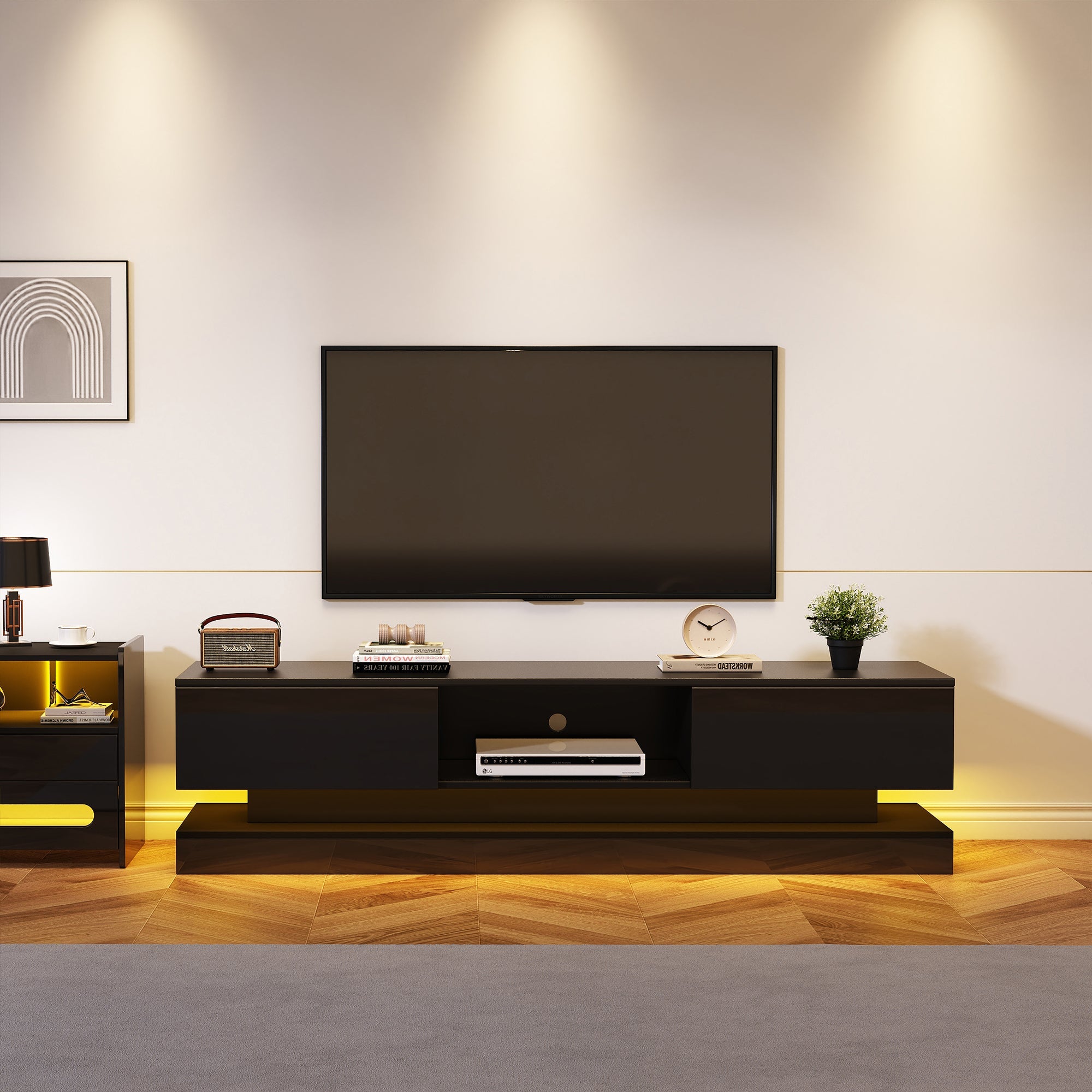 Logidon Zwart Hoogglans TV-meubel 160 CM Met LED 2 Laden