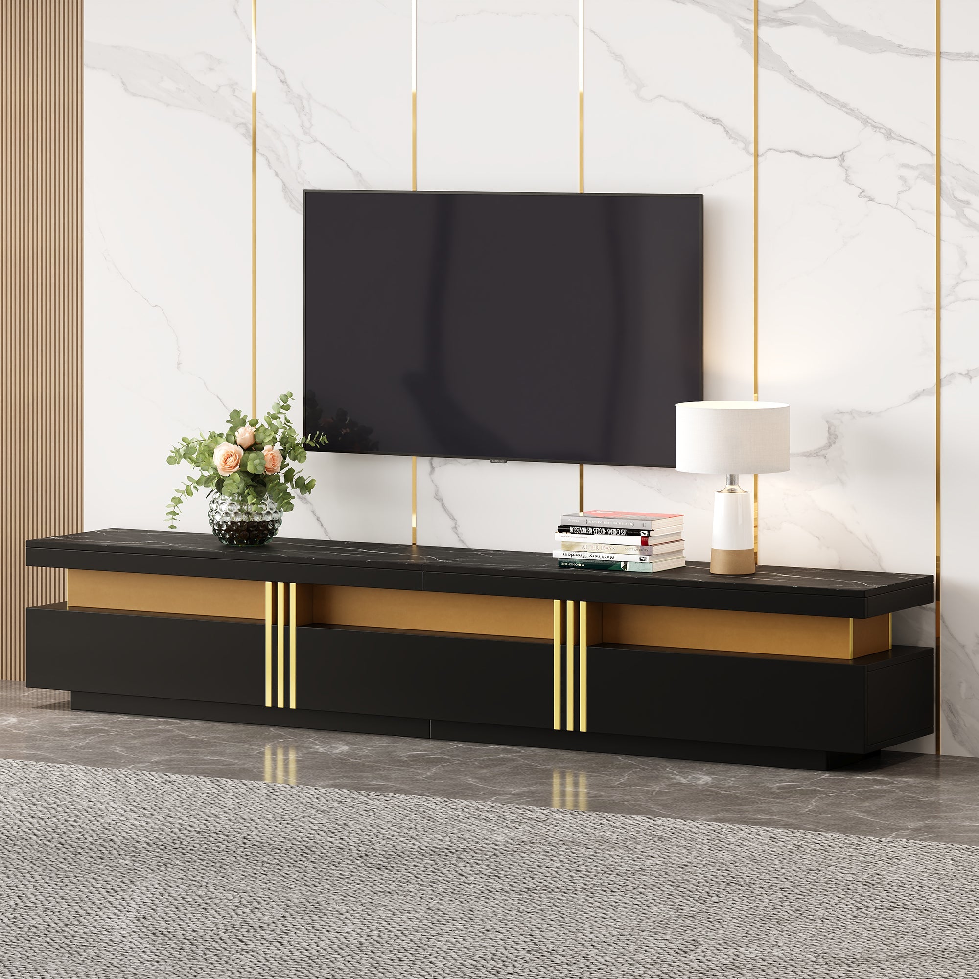Logidon Zwarte tv-wandmeubelset 2 tv-kast salontafel marmerlook