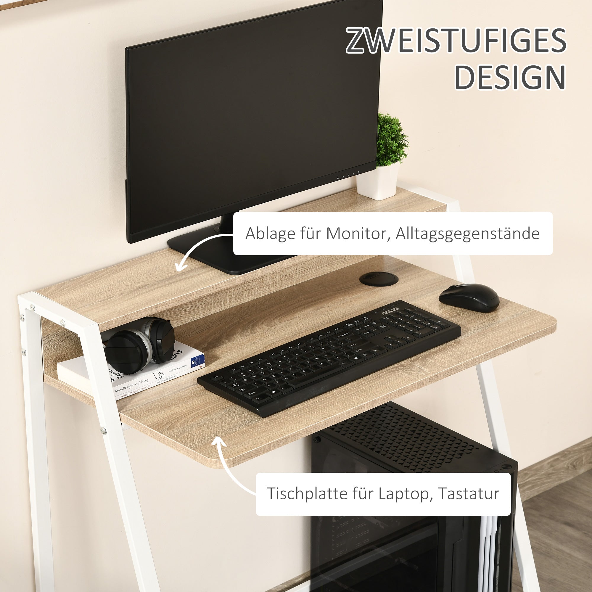Logidon Bureau 84x45x85 cm Wit Eiken Modern Computerbureau Kabeldoorgang