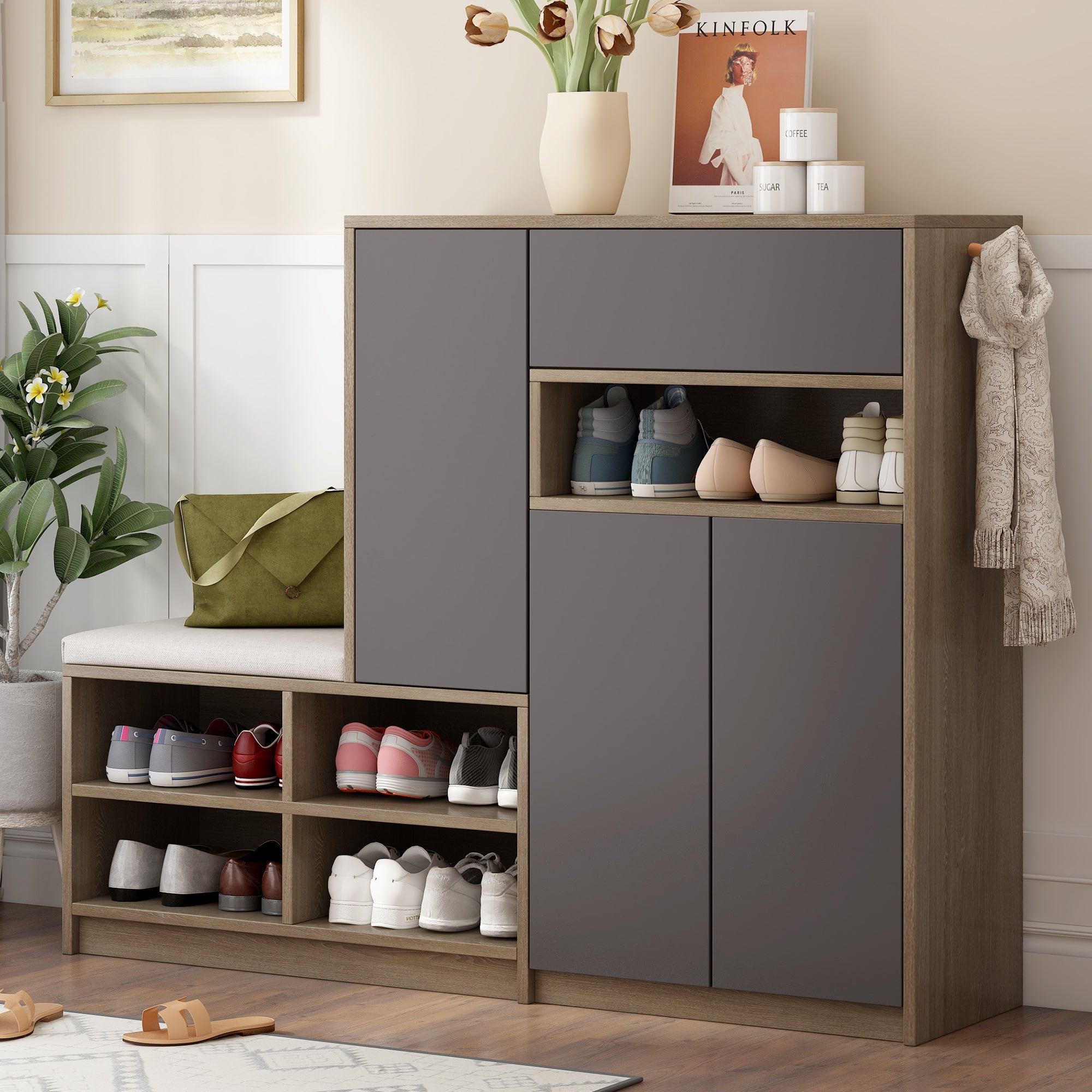 Logidon Schoenenbank Grijs Met Gewatteerde Zitting Verstelbare Planken 140x35x110 cm