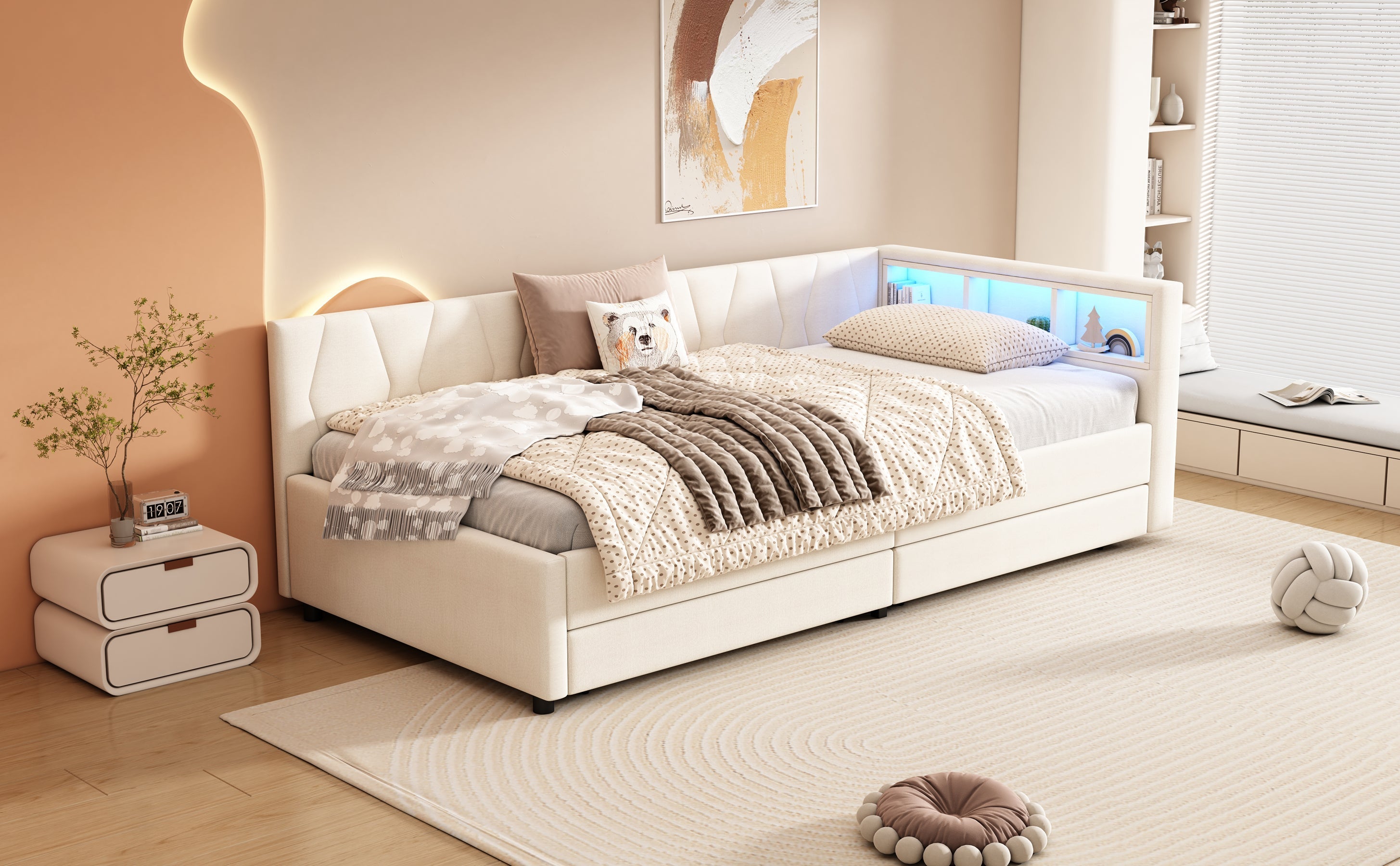 Logidon Dagbed 90x200 cm Beige Slaapbank Opbergvak met USB C LED