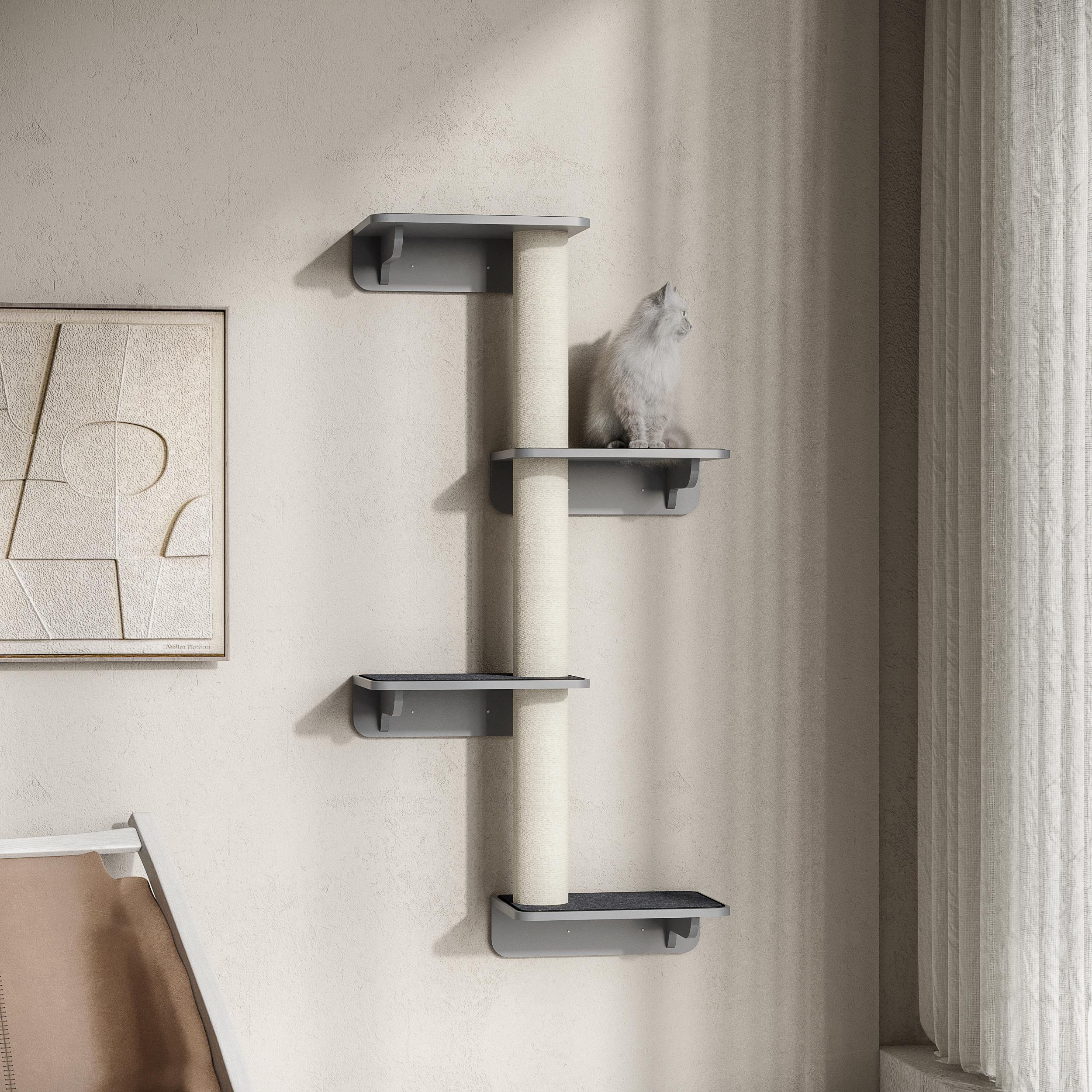 Logidon Wandkrabpaal Kattenwand 137cm Lichtgrijs Beige met 4 plateaus