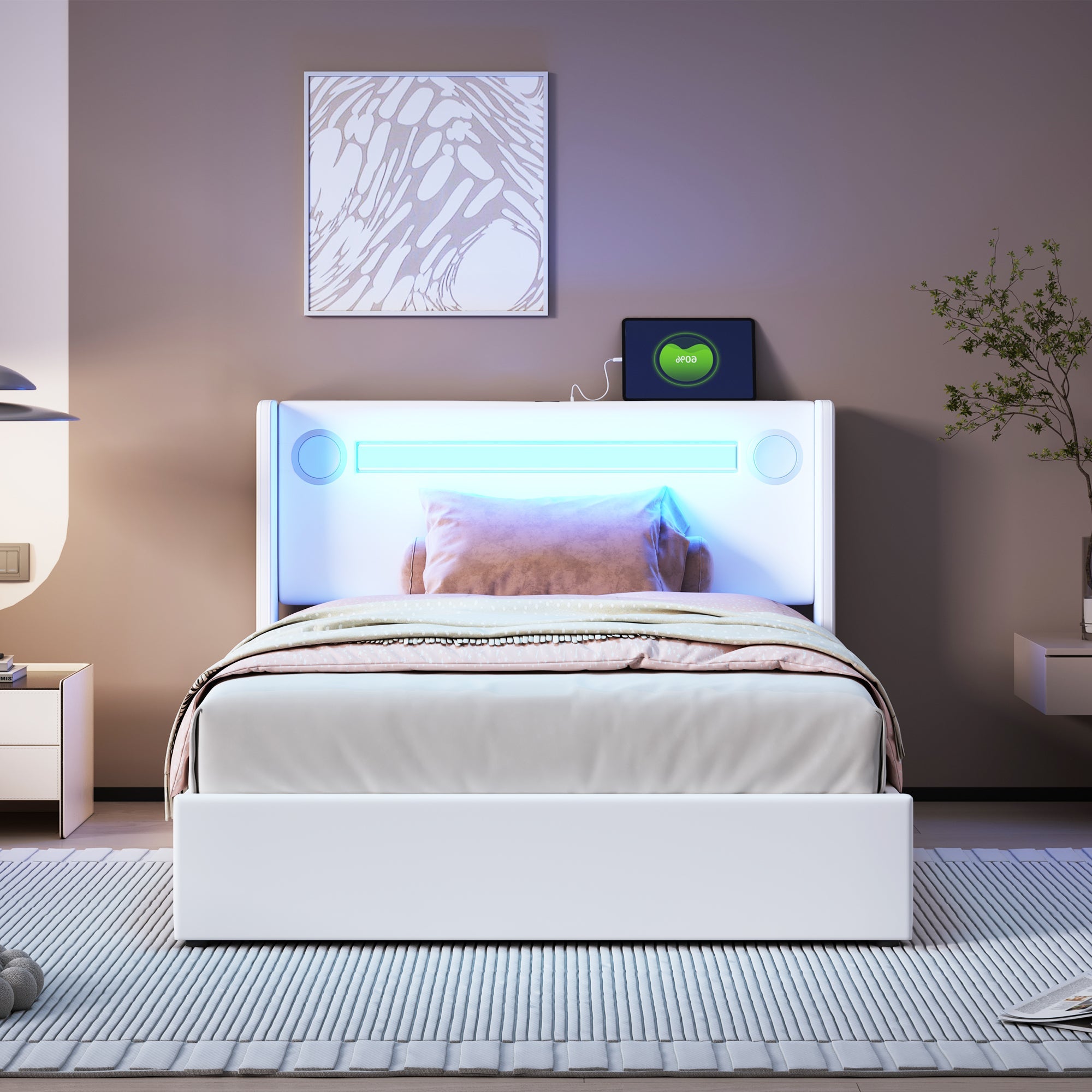 Logidon gestoffeerd bed 90x200 hoogslaper met LED lichtstrip USB wit