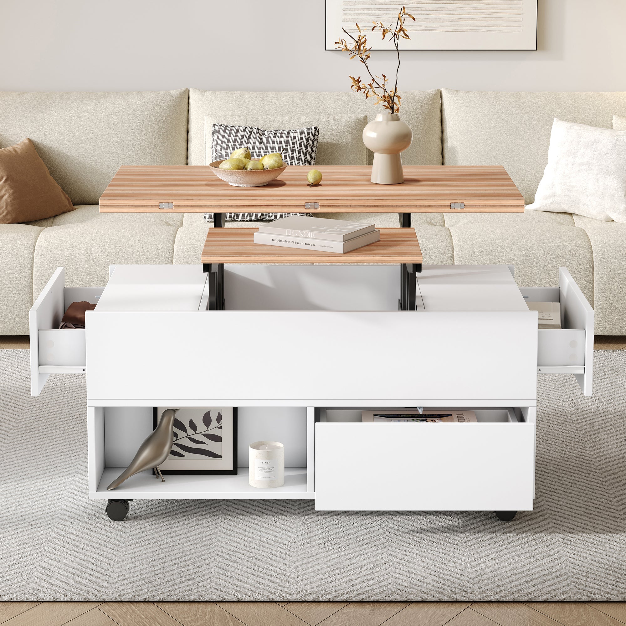 Logidon salontafel Lift Top 100x50 wit houtlook met 4 lades