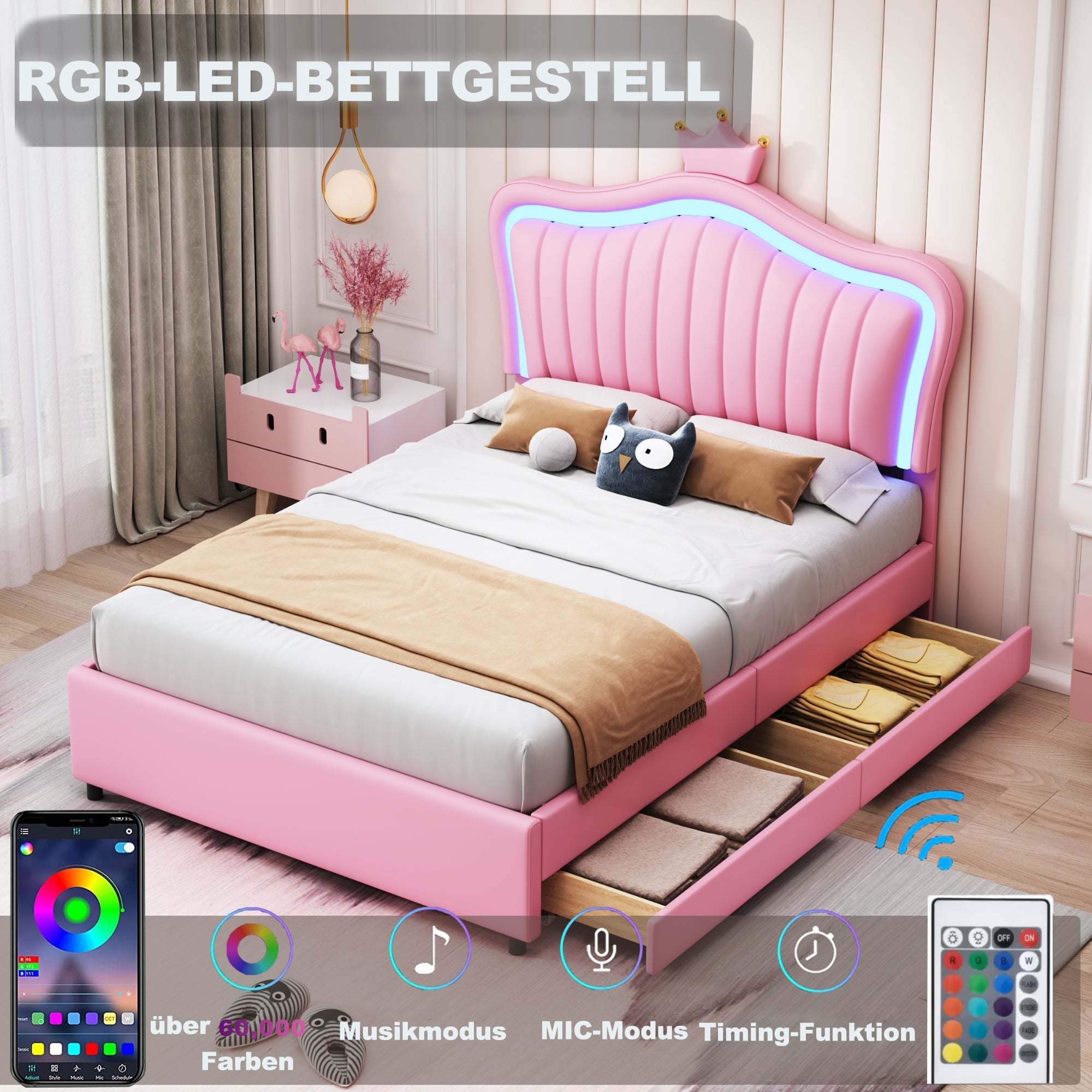 Logidon kinderbed roze 90x200 gestoffeerd bed met LED verlichting