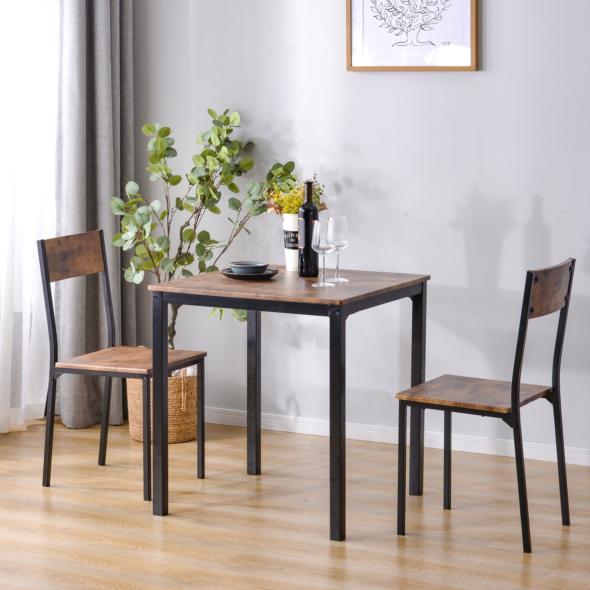 Logidon Eettafelset 70x70 cm Vintage Bruin met 2 Stoelen Metalen Frame