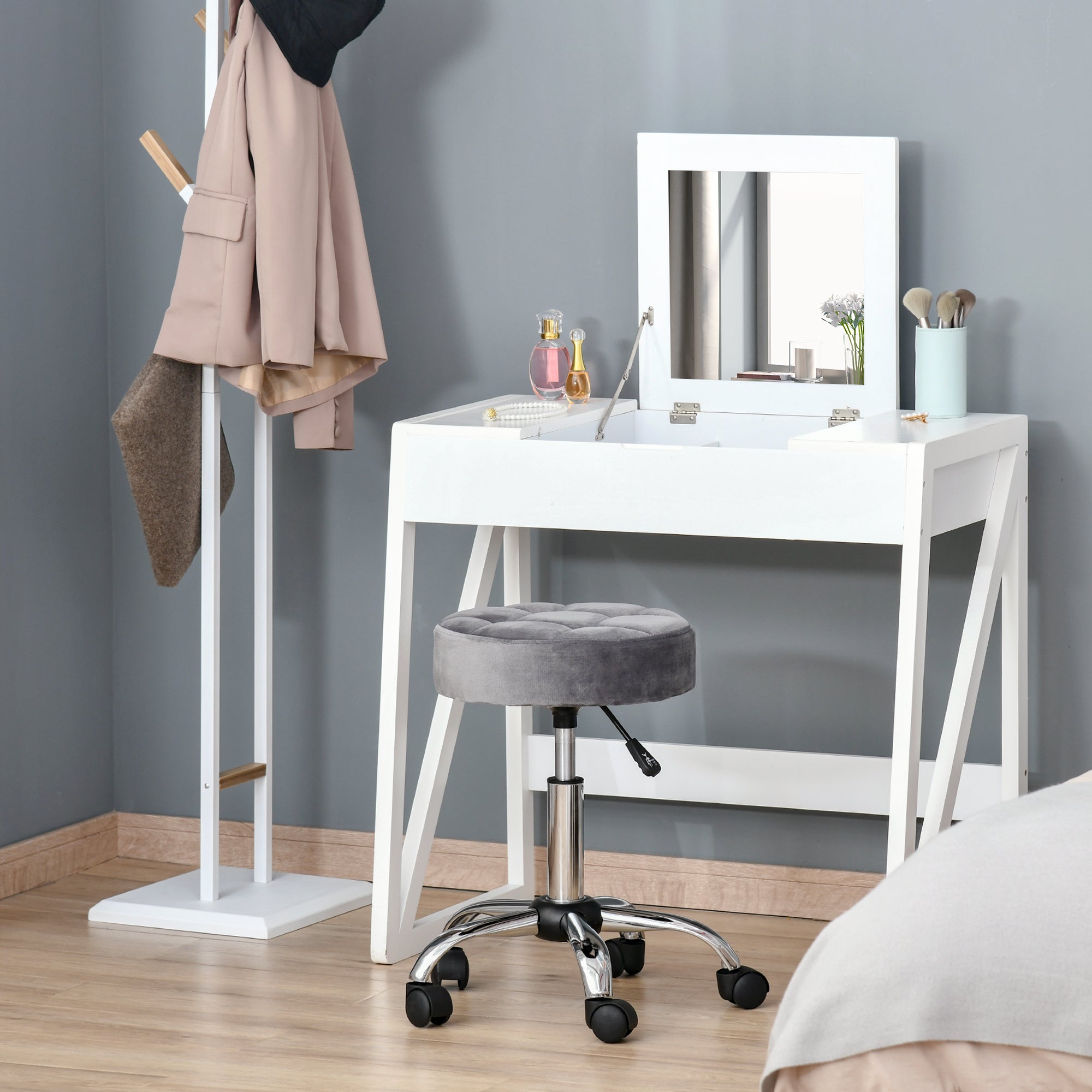 Logidon Verstelbare Salonkruk Grijs Velvet Touch Wielen Chrome Onderstel
