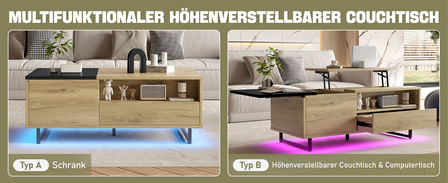 Logidon In hoogte verstelbare salontafel met LED-verlichting en opbergruimte