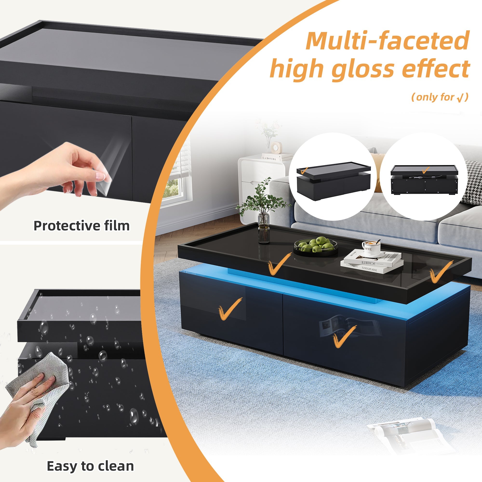 Logidon hoogglans salontafel 95x45x35 cm met LED verlichting zwart