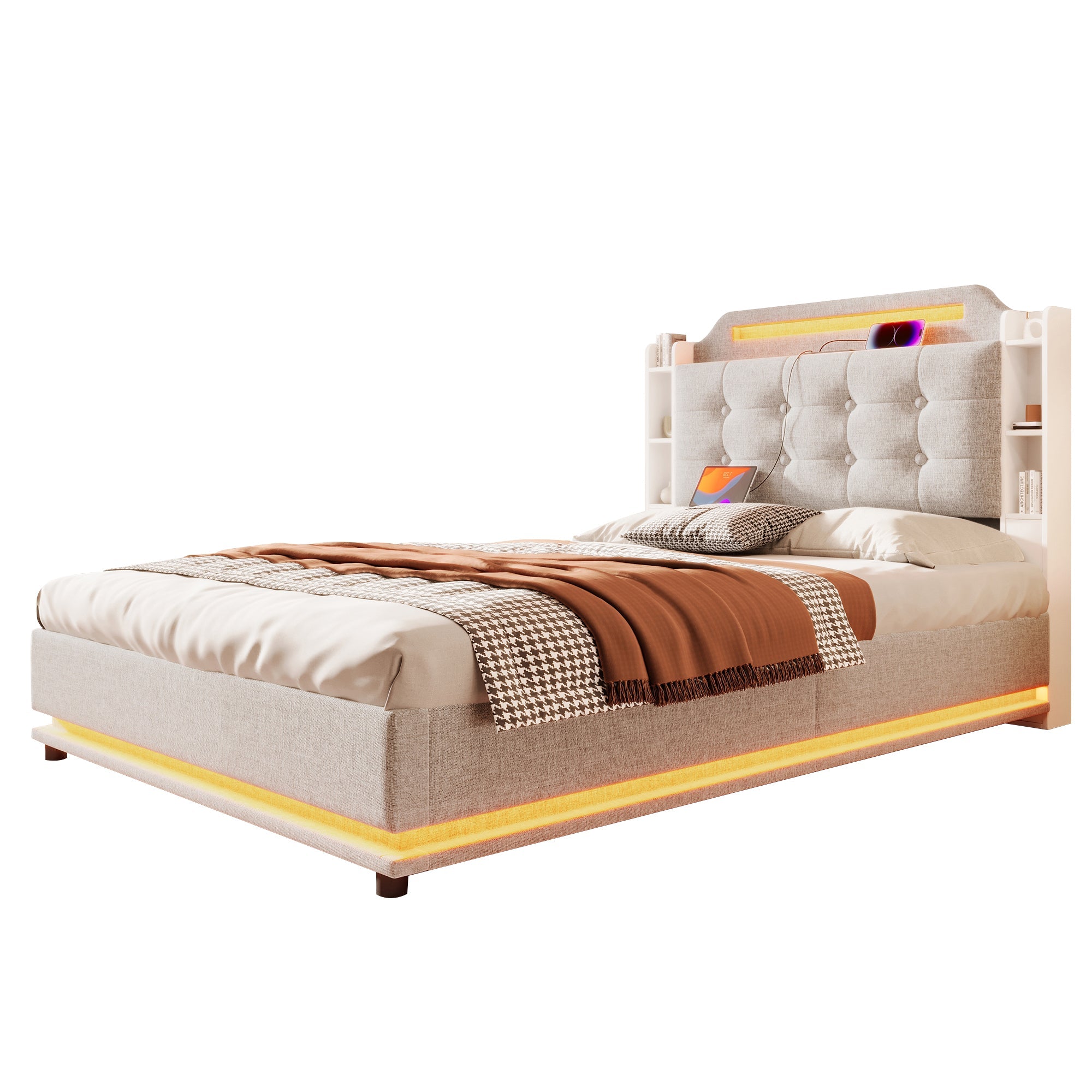 Logidon gestoffeerd bed 140x200 beige met LED lichtstrip en opbergruimte