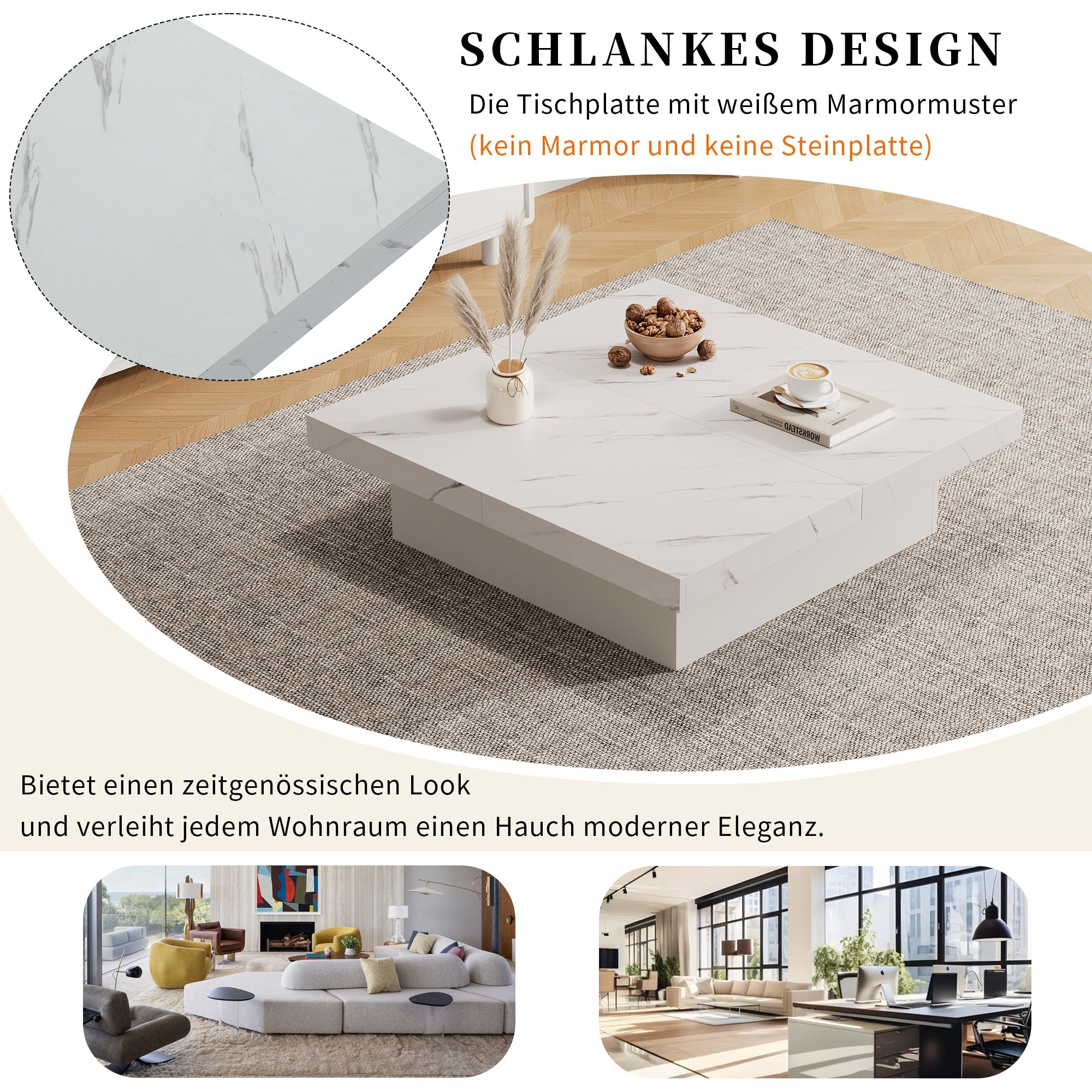 Logidon vierkante salontafel wit marmerlook 90x90x25 cm met lades