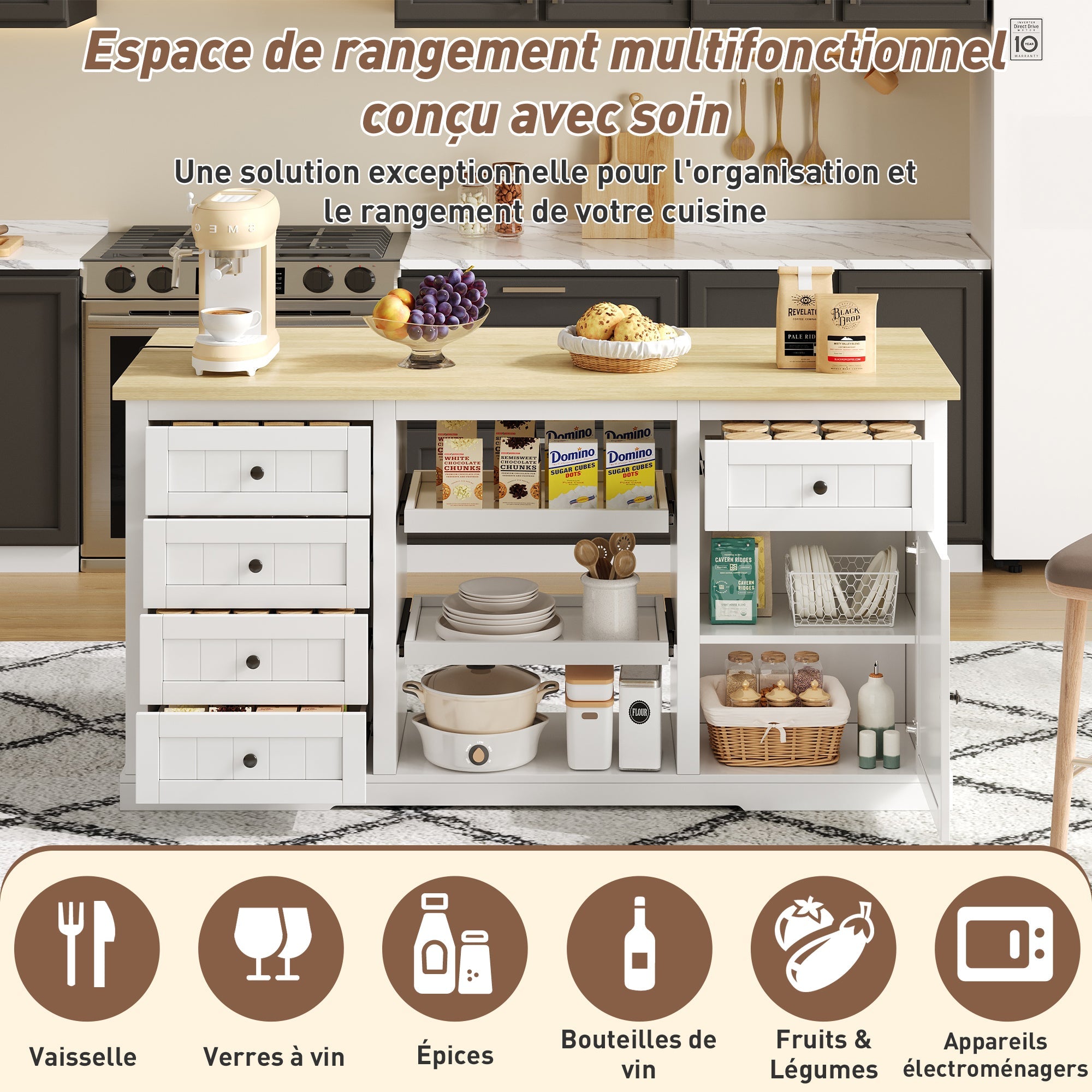 Logidon dressoir keukeneiland wit houten blad 5 laden 150x65x75 cm