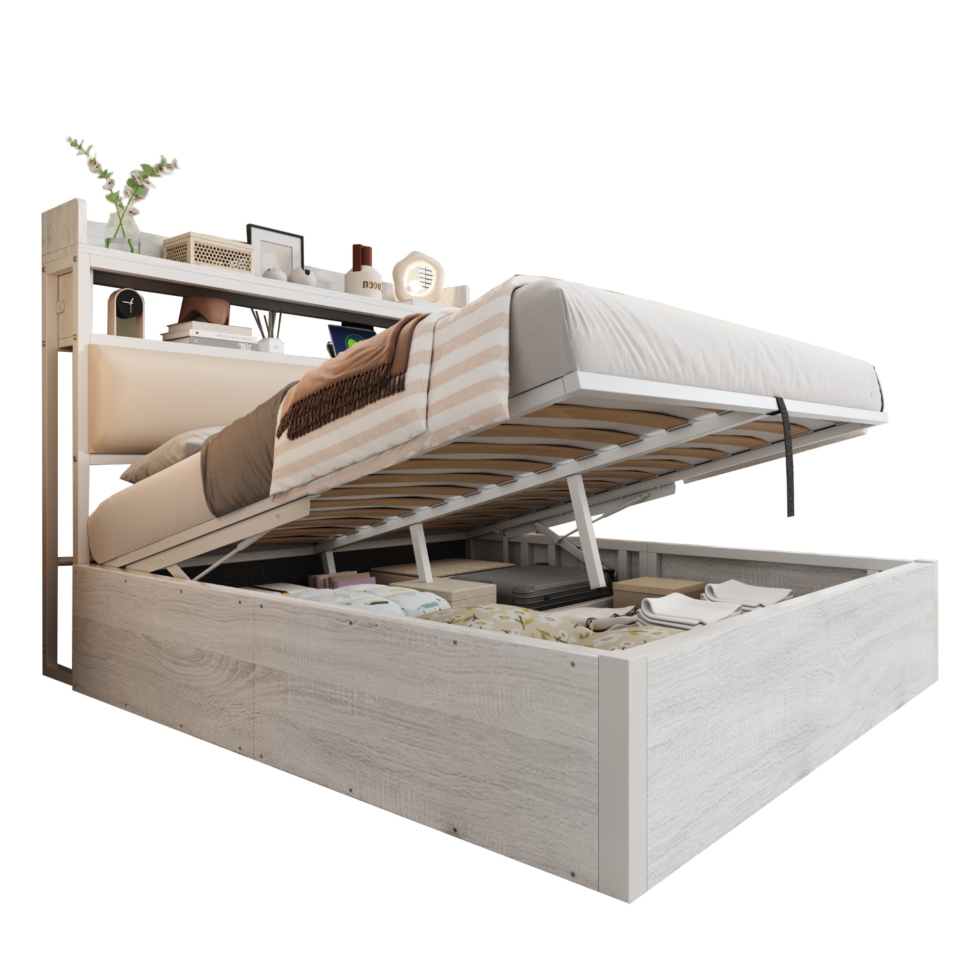 Logidon bedframe 140x200 cm met hydraulische opbergruimte USB hoofdbord wit