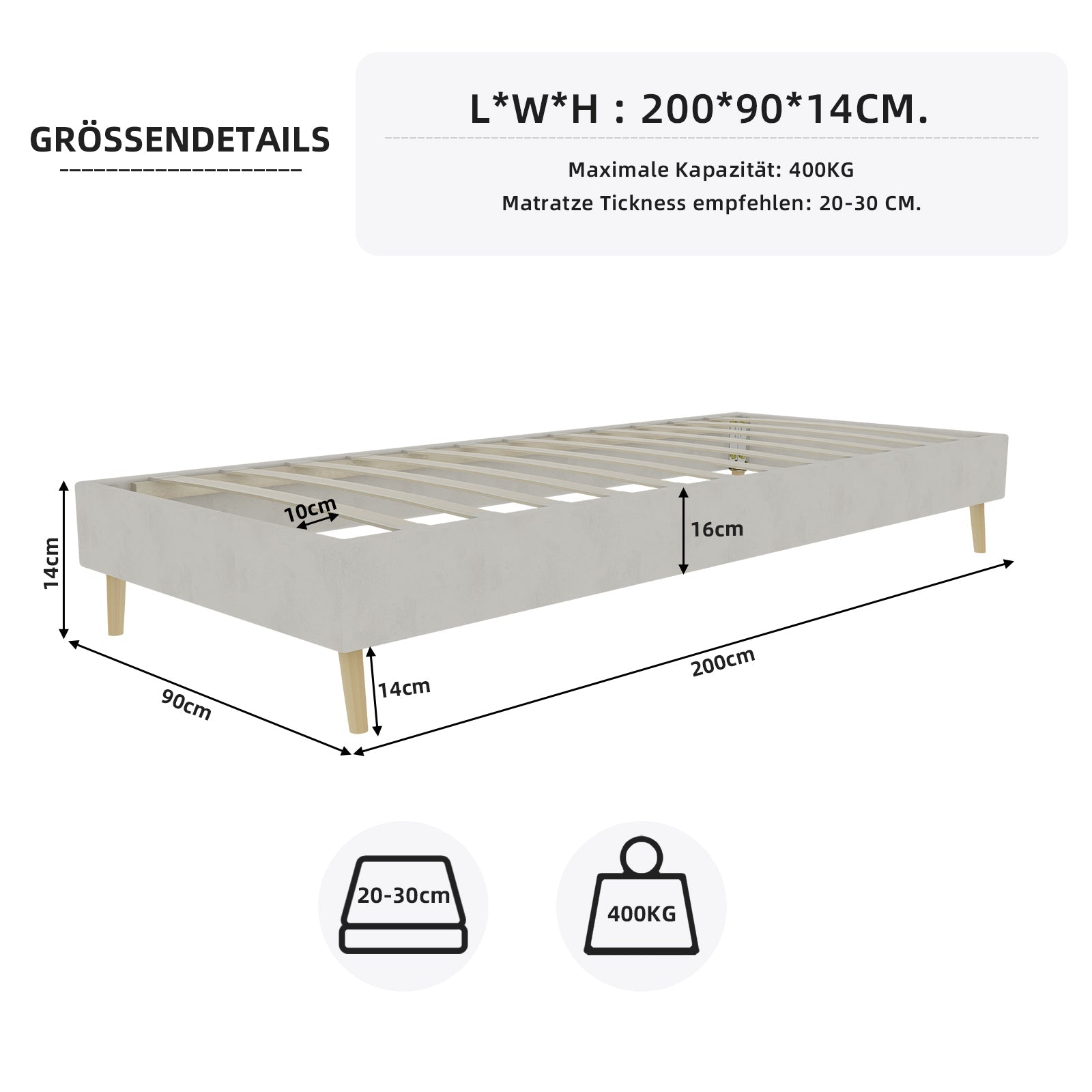 Bedframe in Logidon stof 90x200 beige fluwelen stof