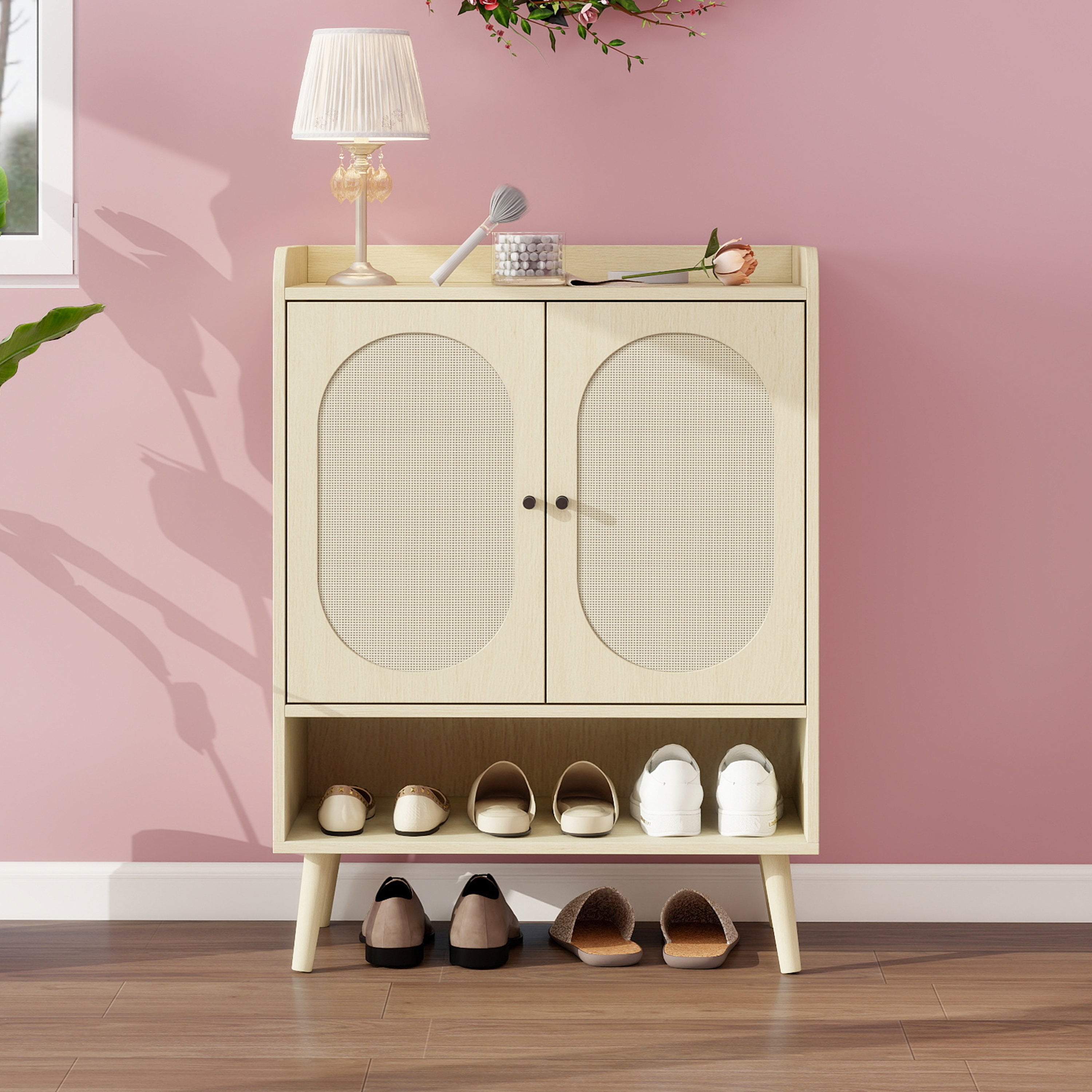 Logidon schoenenkast naturel houtlook met dubbele deuren Rotan design