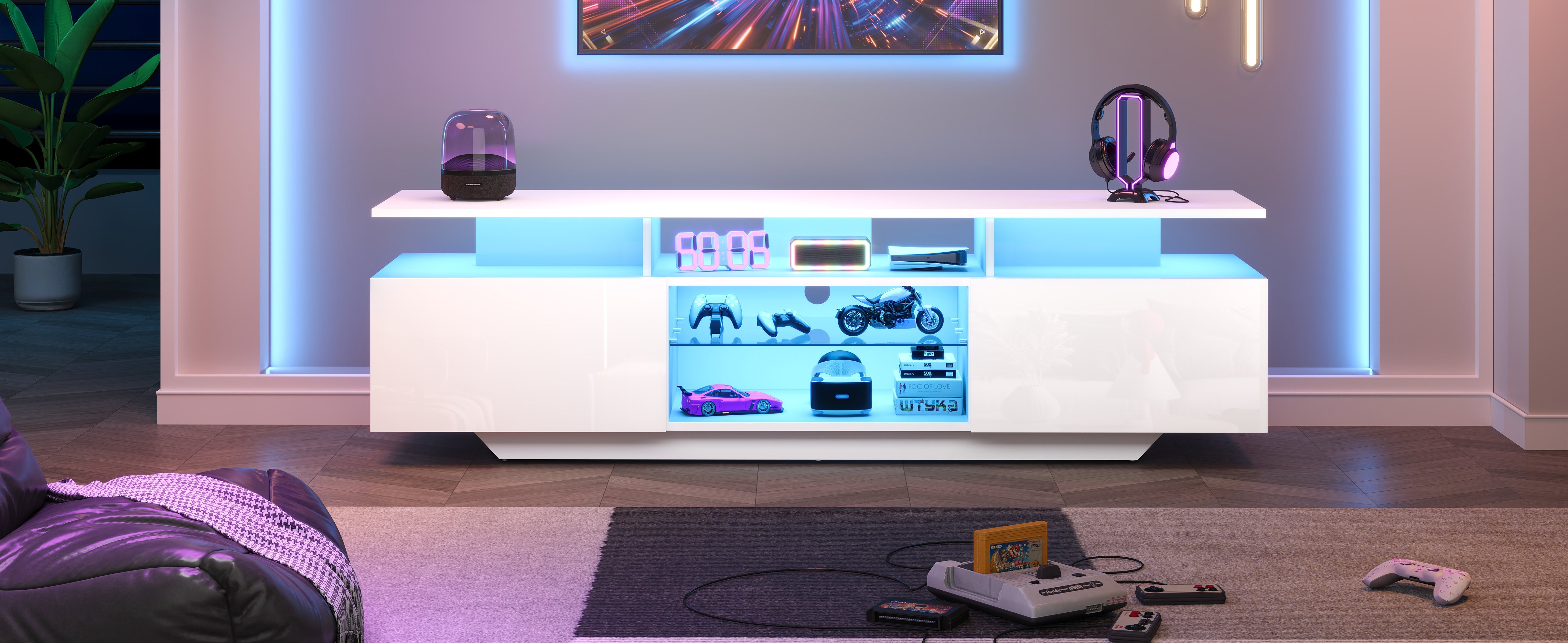 Logidon TV-meubel hoogglans wit 160 x 40 x 45 cm met LED lichtstrip glasplanken