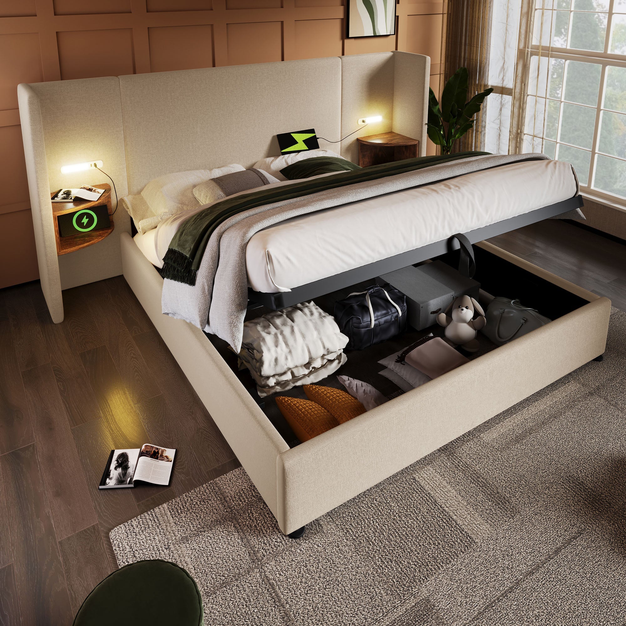 Logidon gestoffeerd bed tweepersoonsbed 180x200 met nachtkastje USB C oplaadfunctie