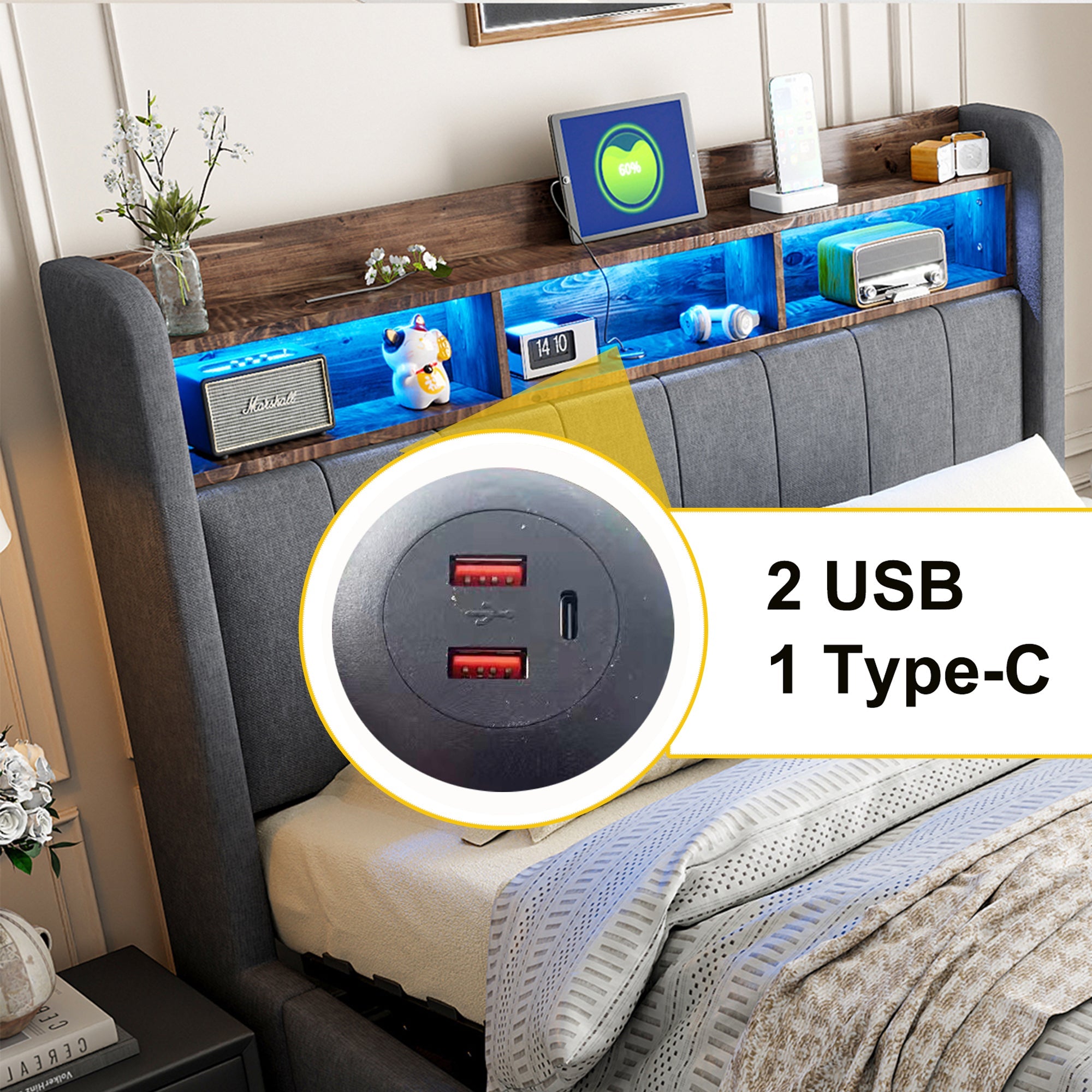 Logidon gestoffeerd bed 140x200 cm grijs met LED verlichting USB opbergruimte