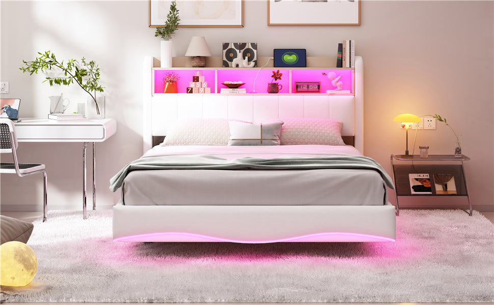 Logidon gestoffeerd bed 140x200 beige met LED-licht USB type C opbergruimte