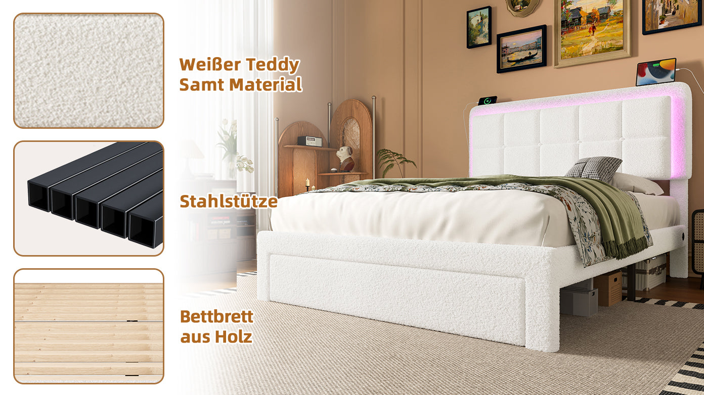 Logidon bedframe wit fluweel 160x200 cm met teddy fluwelen hoes