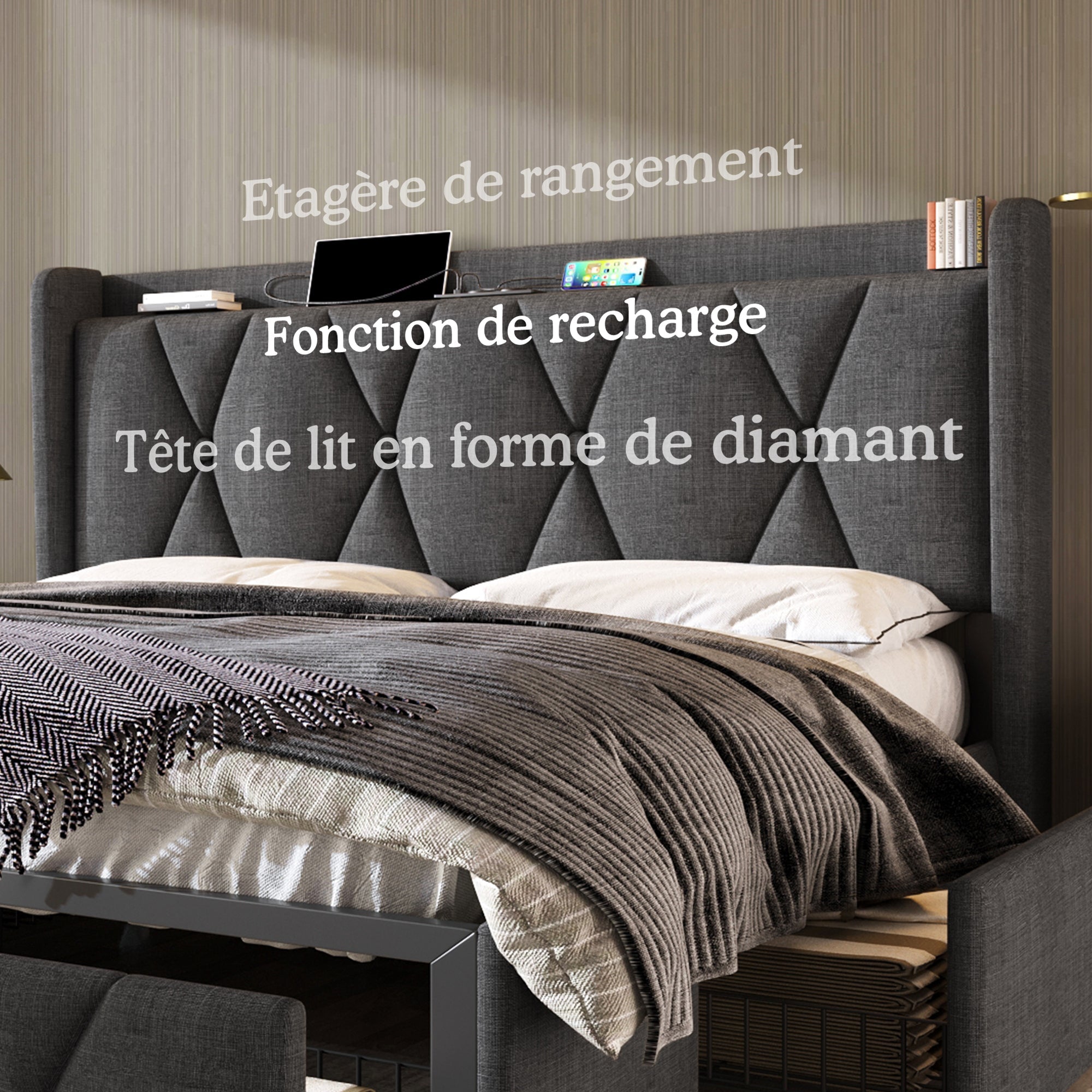Logidon upholstered bed 140x200cm gray with USB charging function 4 drawers