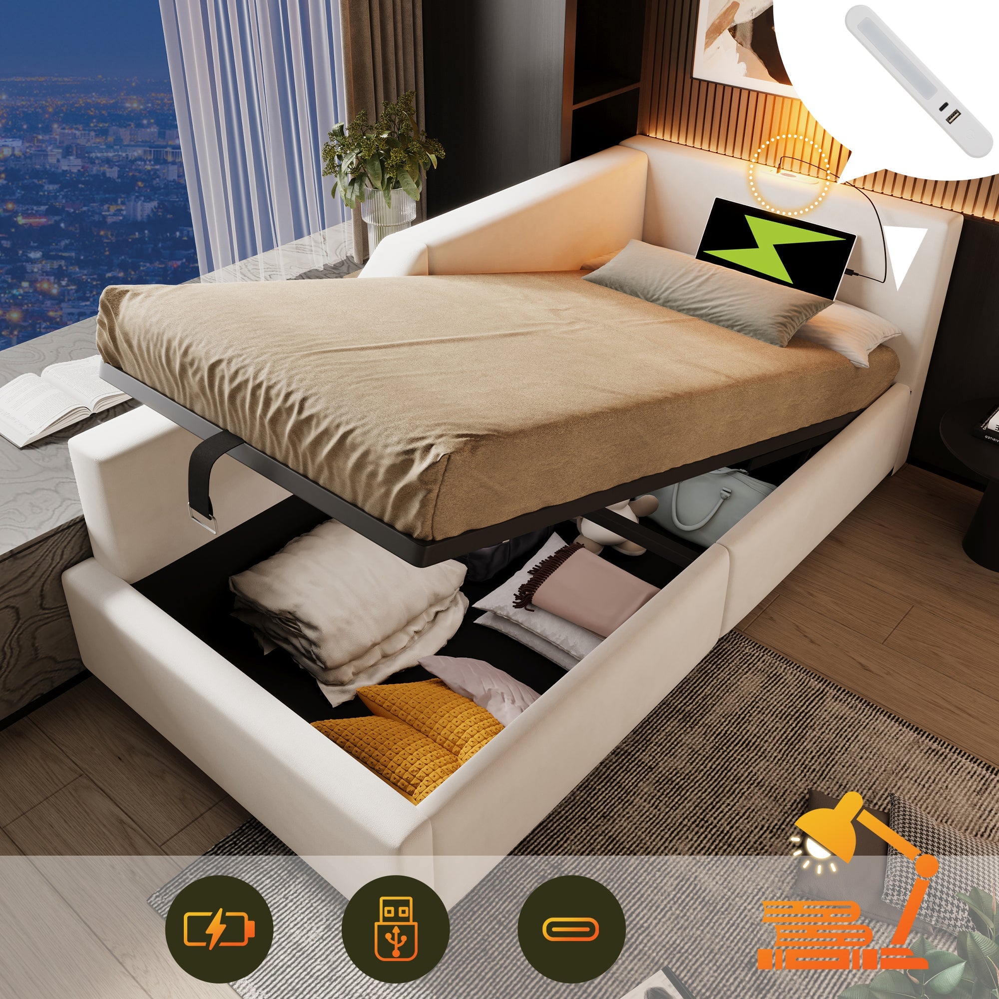 Logidon fluwelen dagbed 90x190 beige met opbergruimte, USB-C, leeslampje