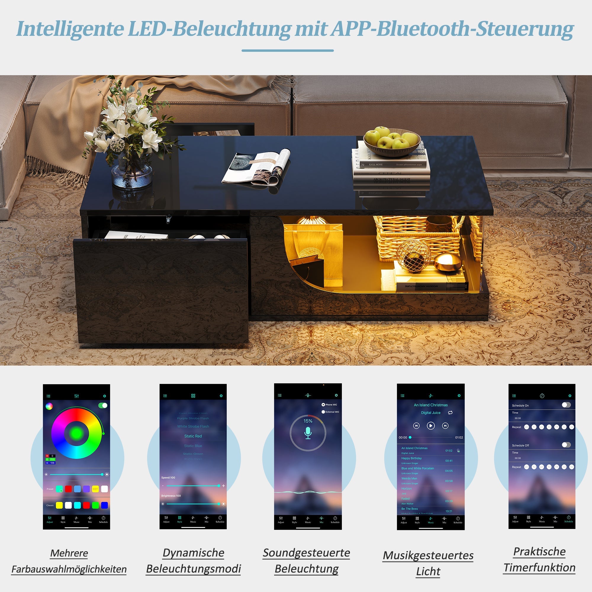 Logidon Zwarte hoogglans salontafel 100x50x30 cm LED-verlichting