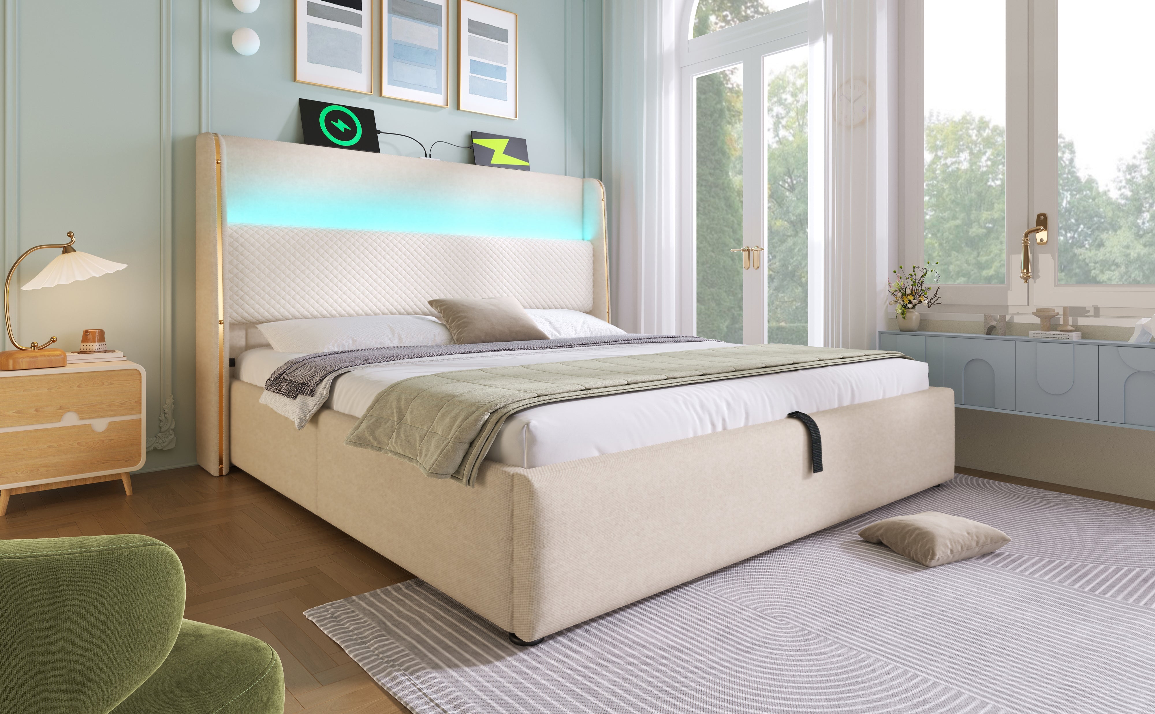 Logidon hydraulisch bed 140x200 beige linnenlook met LED