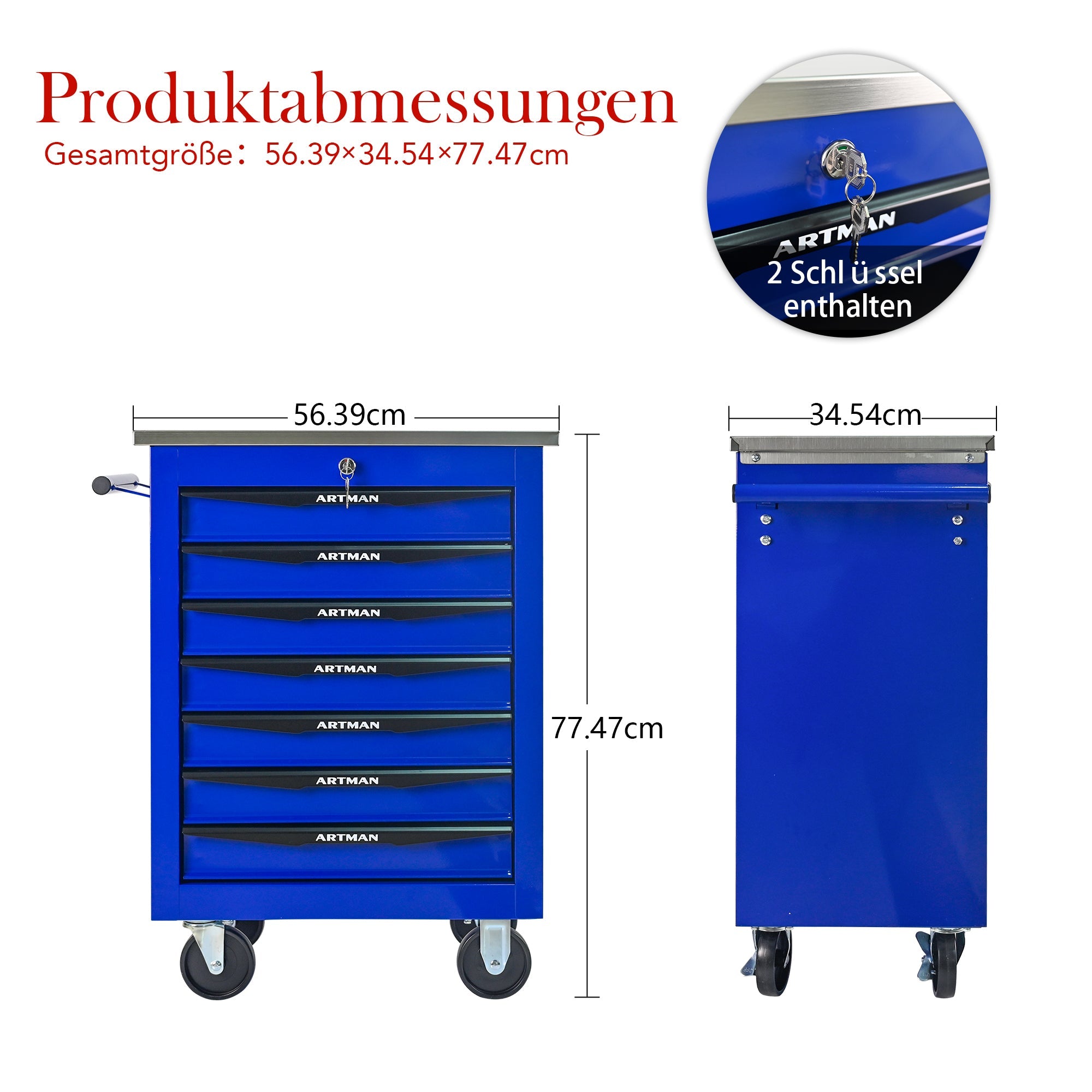 Logidon gereedschapswagen 7 laden blauw stalen wielen RVS dak