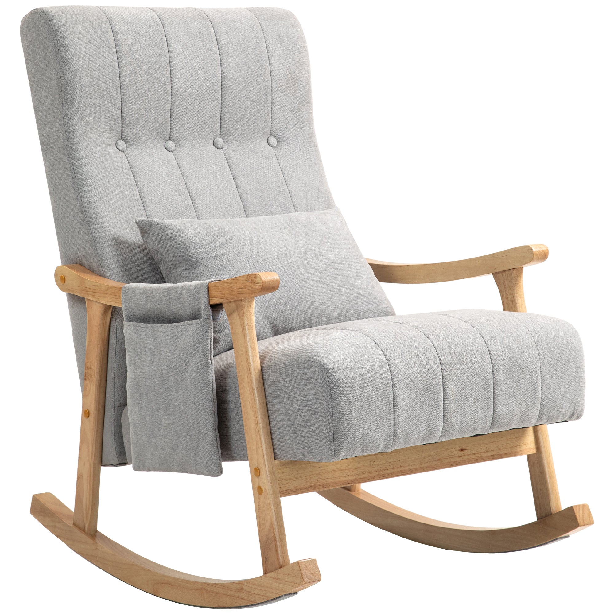 Logidon schommelstoel grijs gestoffeerd met lendenkussen houten frame