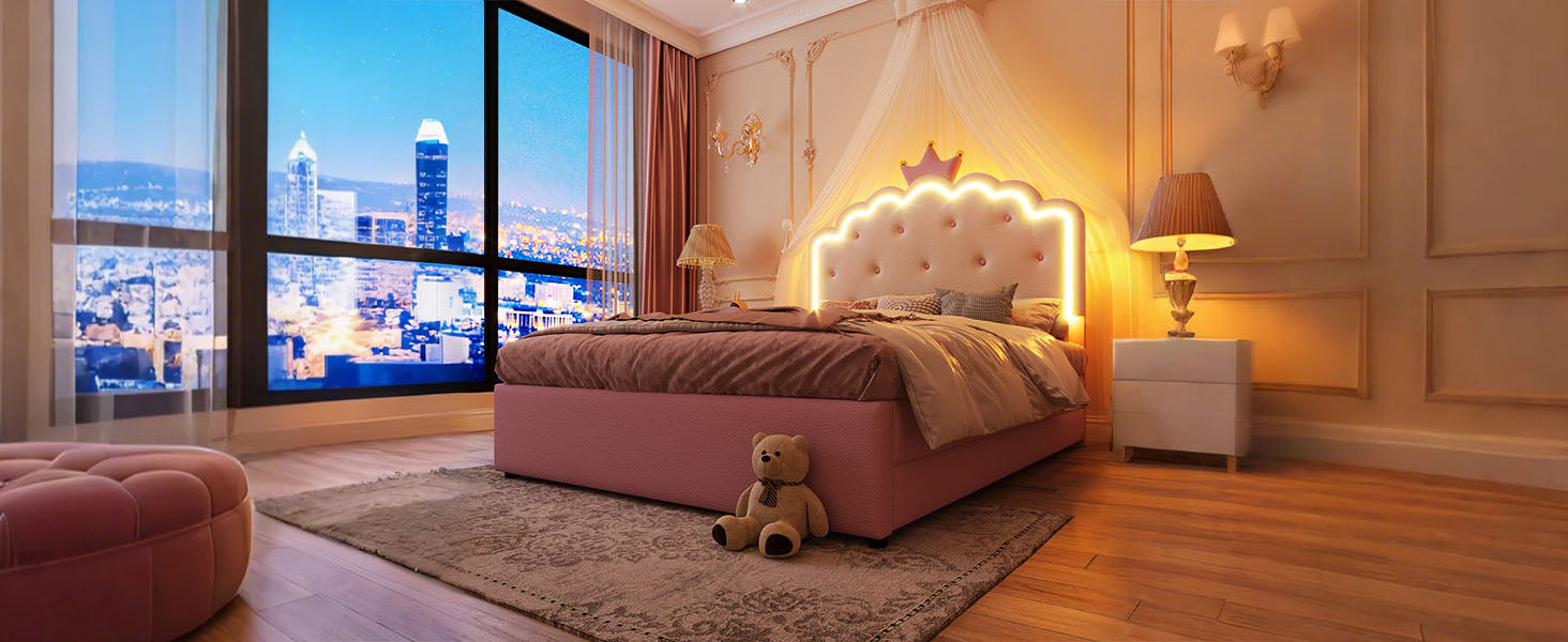 Logidon gestoffeerd bed 140x200 roze met lattenbodem LED-verlichting