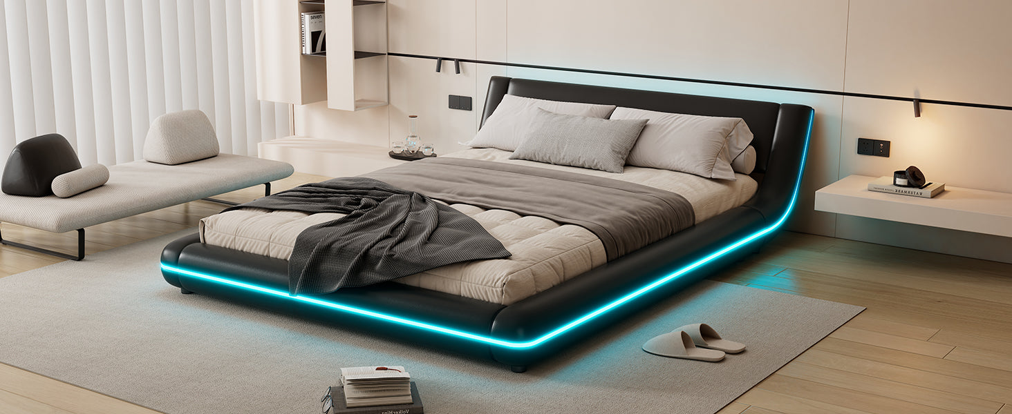 Logidon flat bed 140x200 cm faux leather black LED lighting