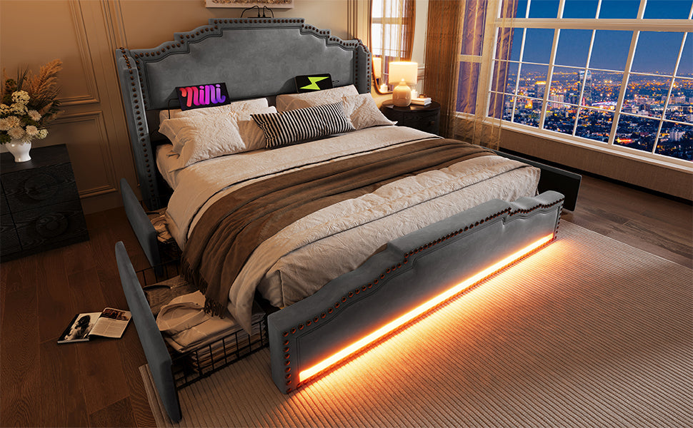 Logidon gestoffeerd bed 140x200 grijs fluweel met 4 lades en USB C