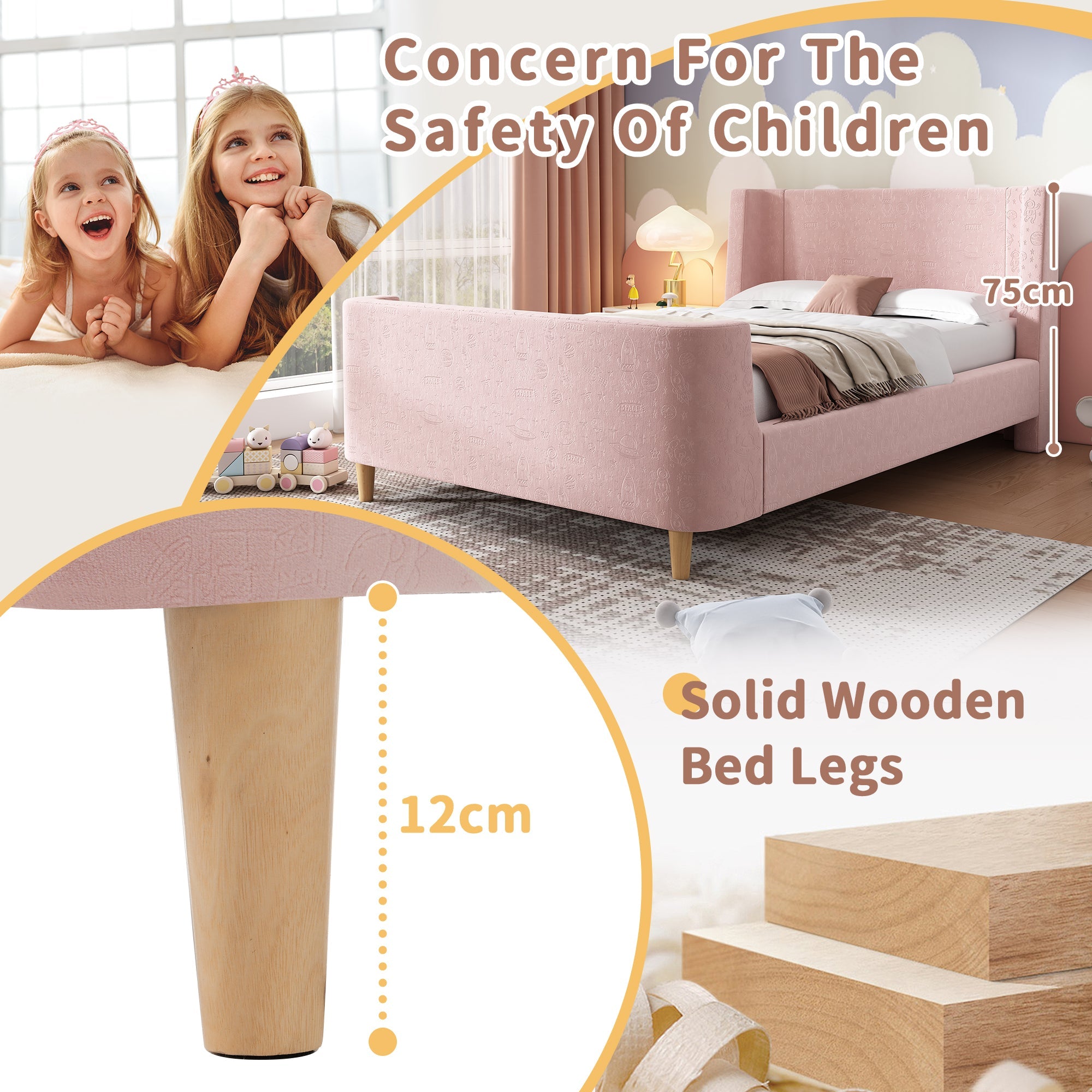 Logidon kinderbed gestoffeerd bed 90x200 roze fluweel sleebed Kosmos