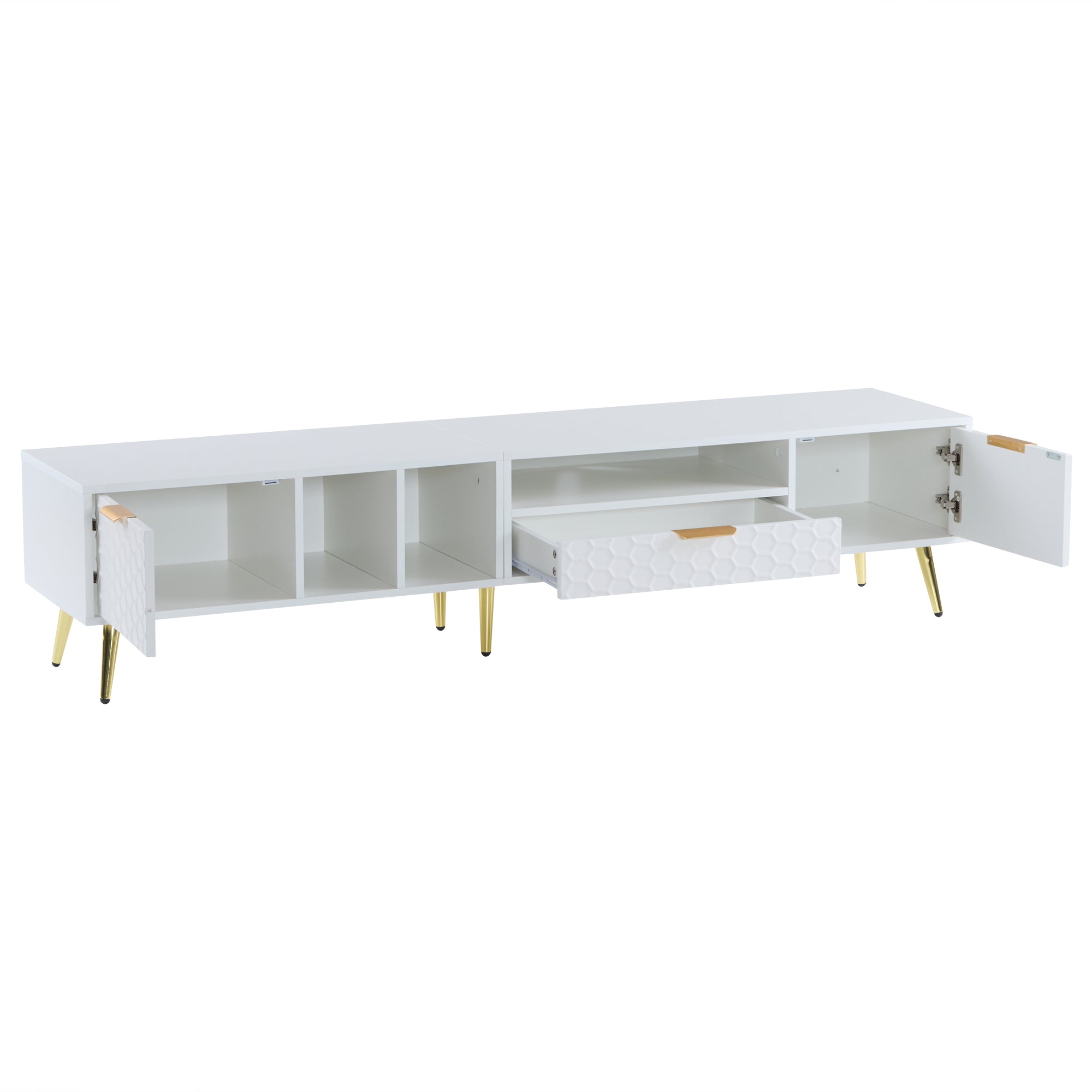 Logidon White TV Stand with Honeycomb Pattern and Storage Space for up to 80 Inches