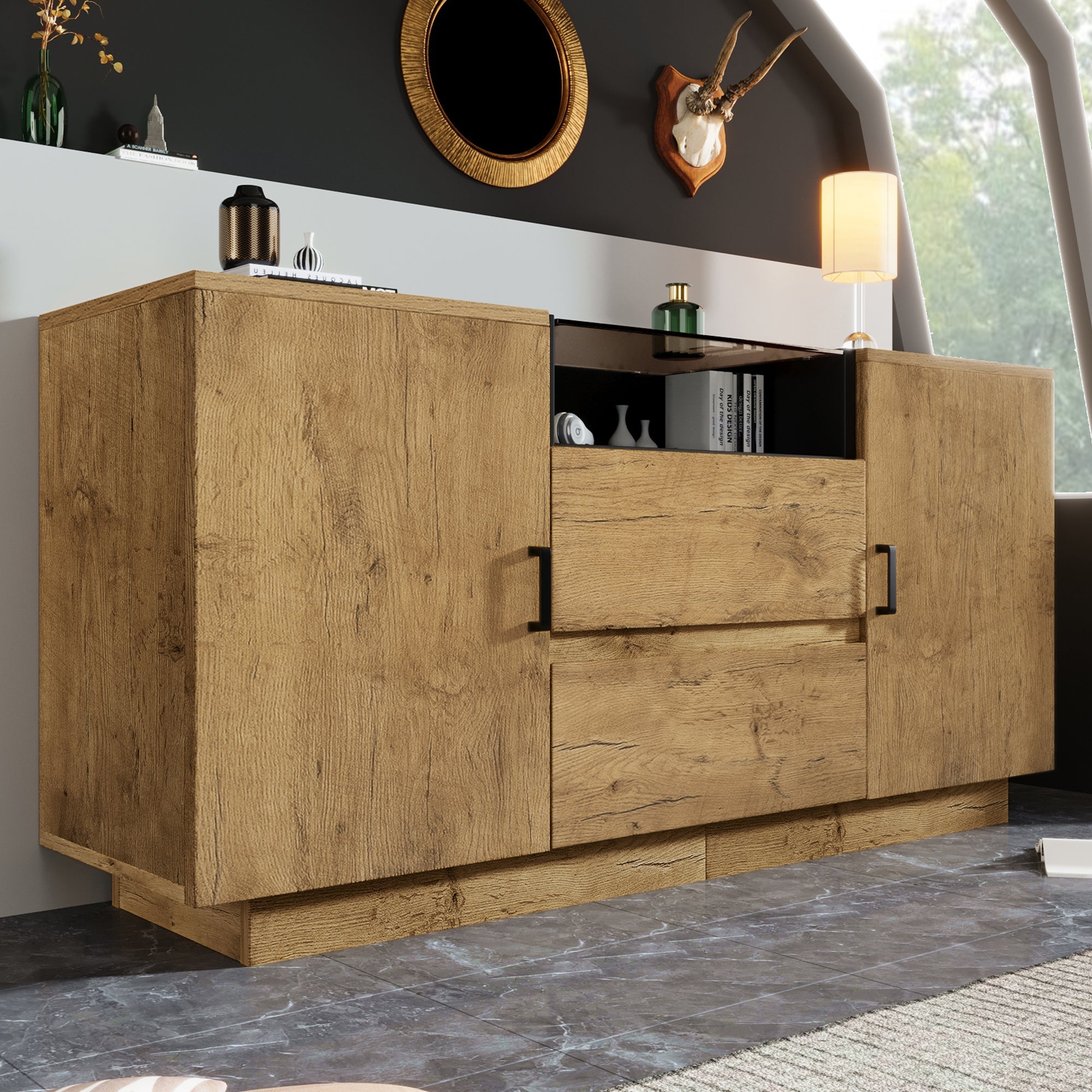 Logidon oak look chest of drawers sideboard 2 drawers 2 cupboards H70