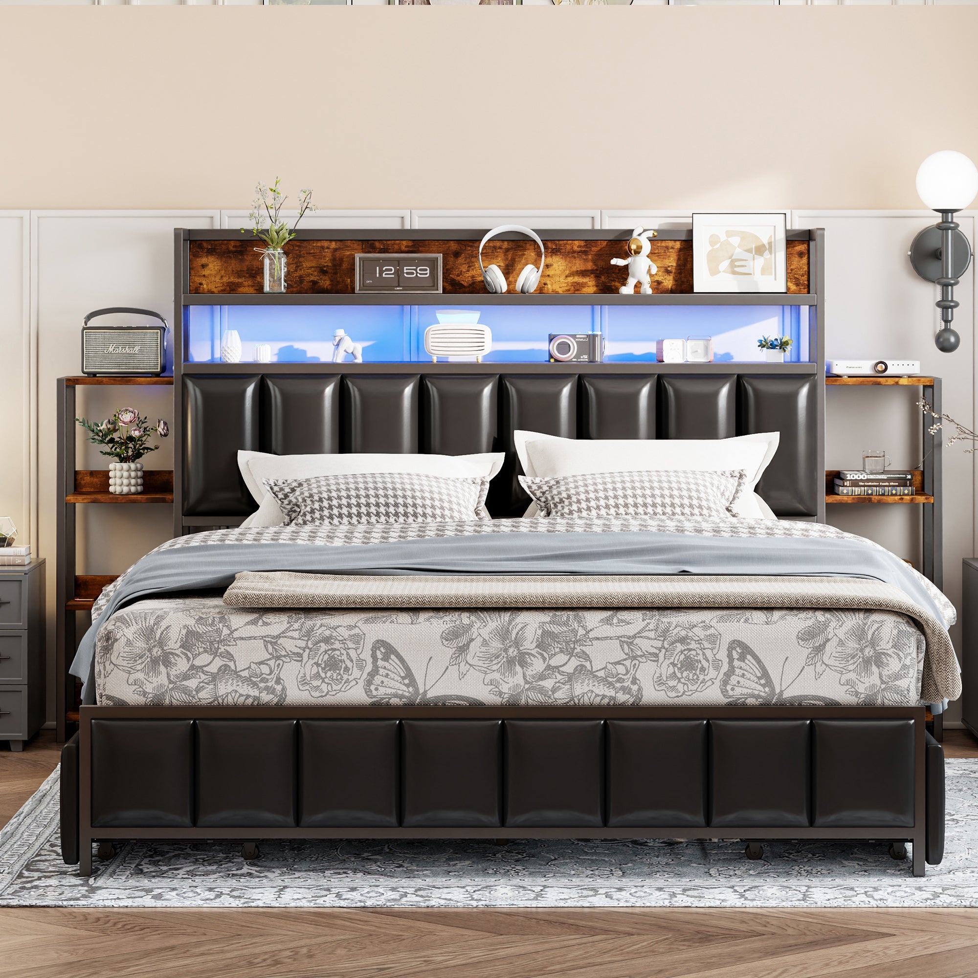 Logidon upholstered bed 160x200 cm with LED lighting storage space black