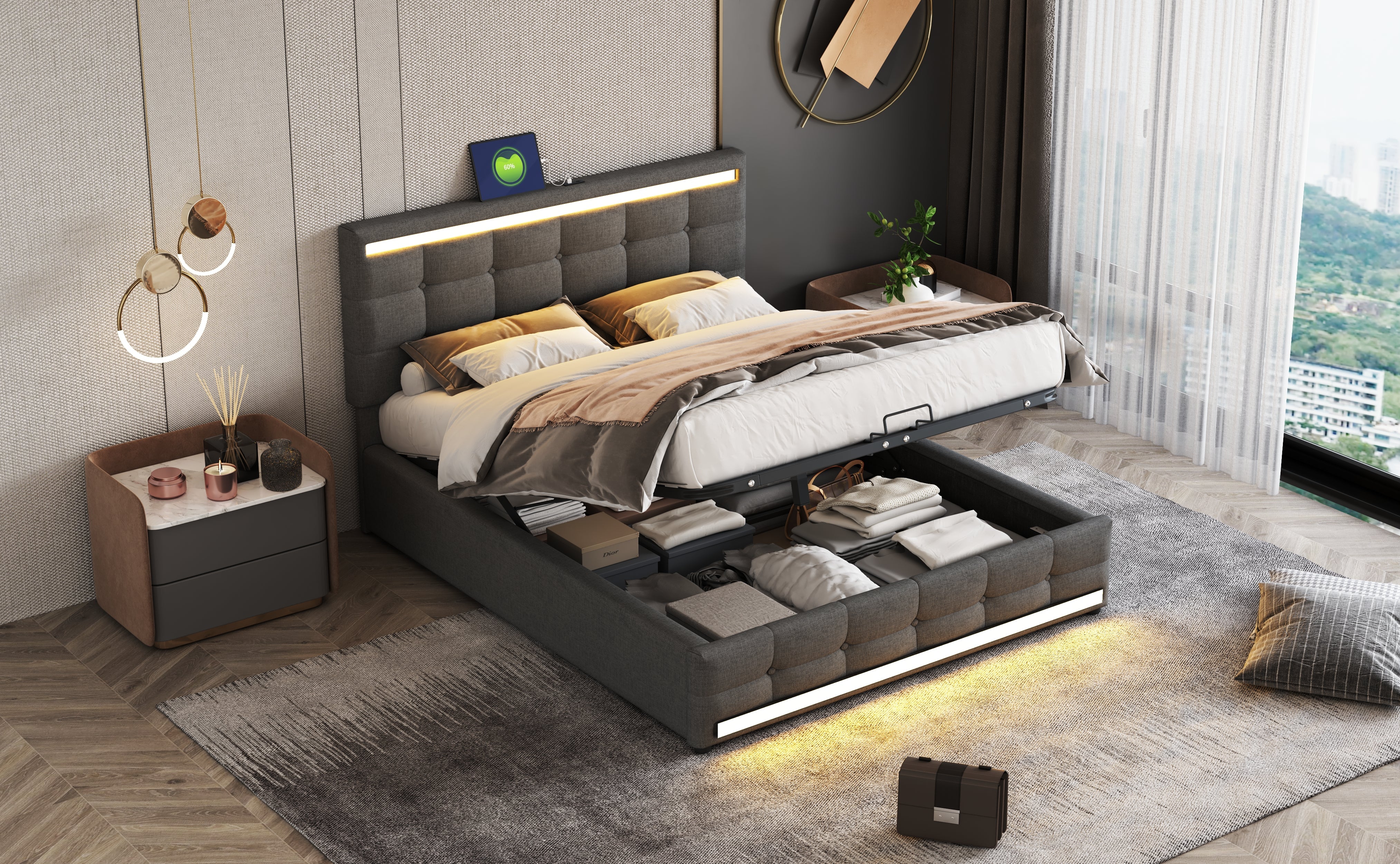 Logidon gestoffeerd bed 140x200 LED, opbergruimte, USB, grijs