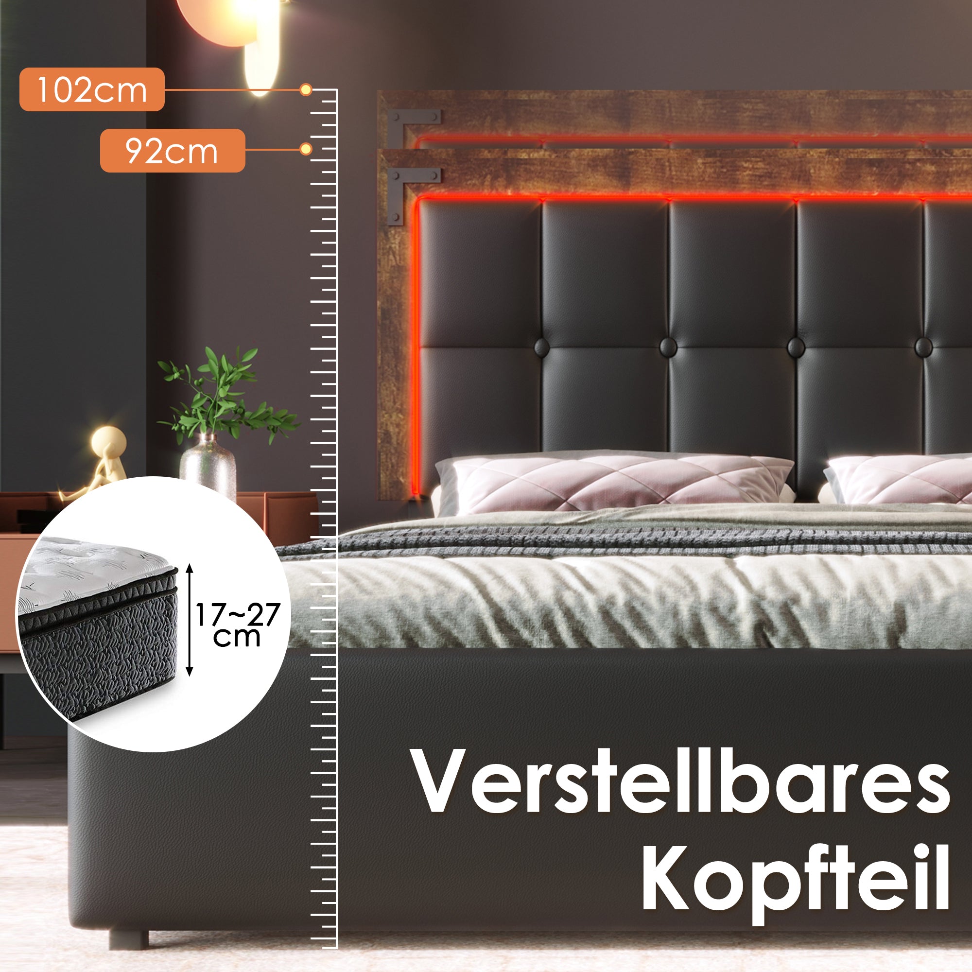 Logidon bedframe 90x200cm met LED-strip en vier lades zwart
