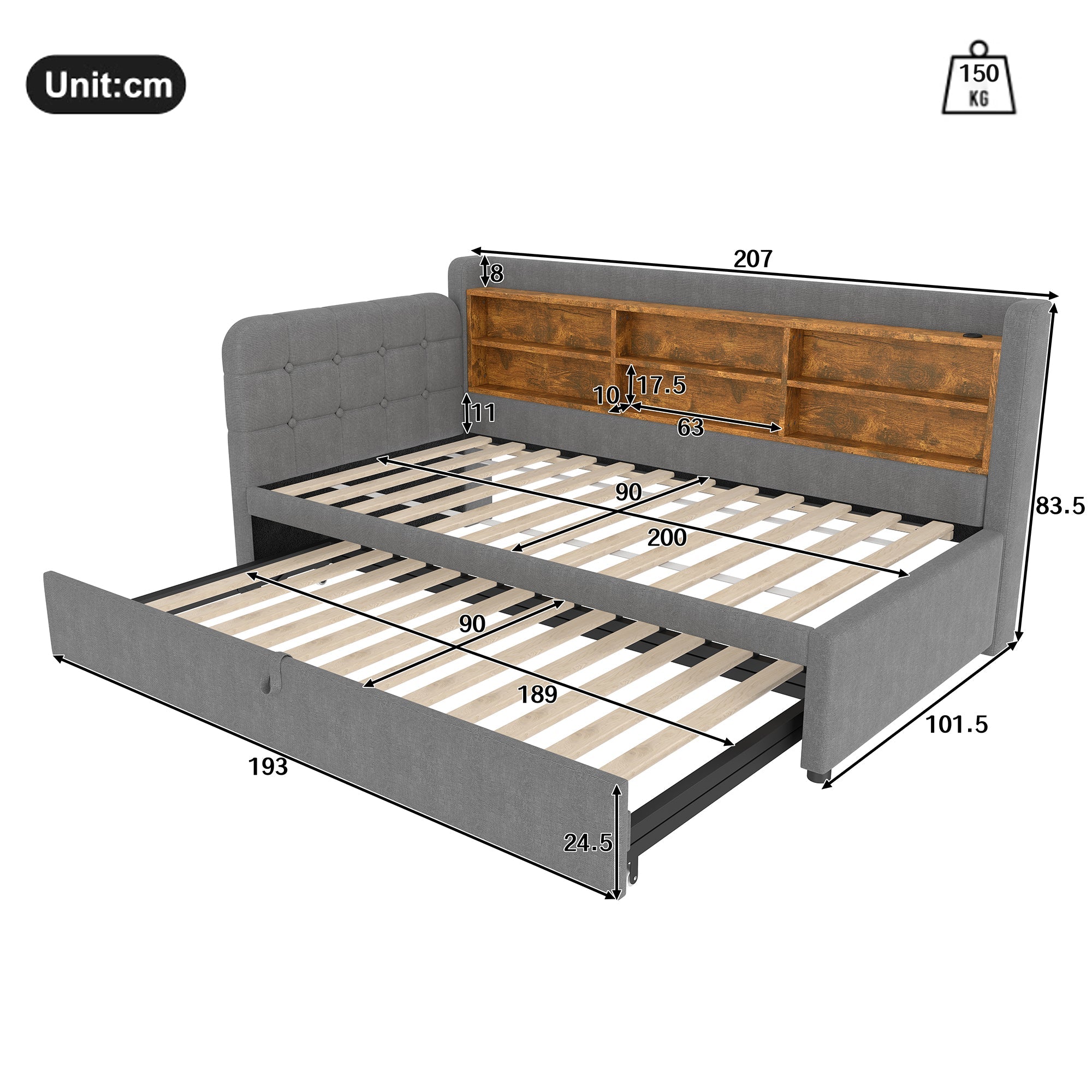 Logidon Daybed 90x200cm grijs linnen uitschuifbare slaapbank USB Type C