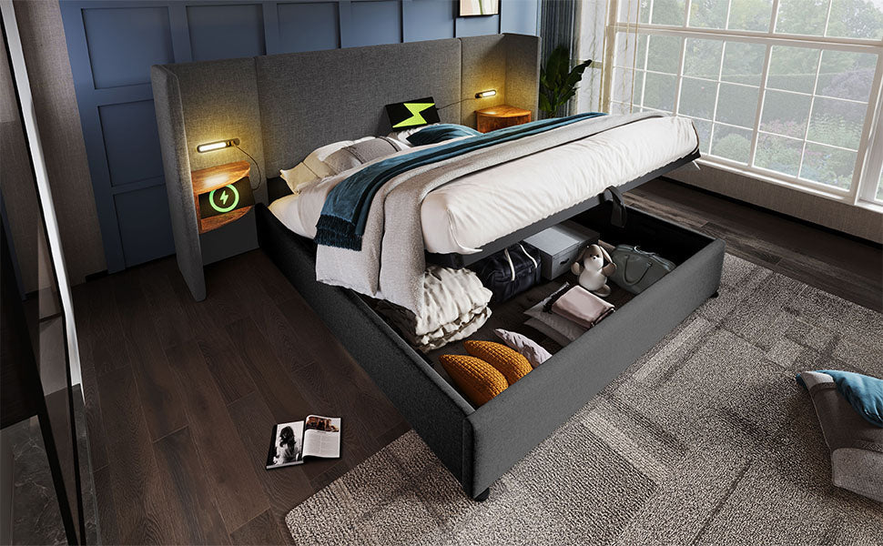 Logidon gestoffeerd bed tweepersoonsbed 160x200 grijs linnen nachtkastje opbergruimte
