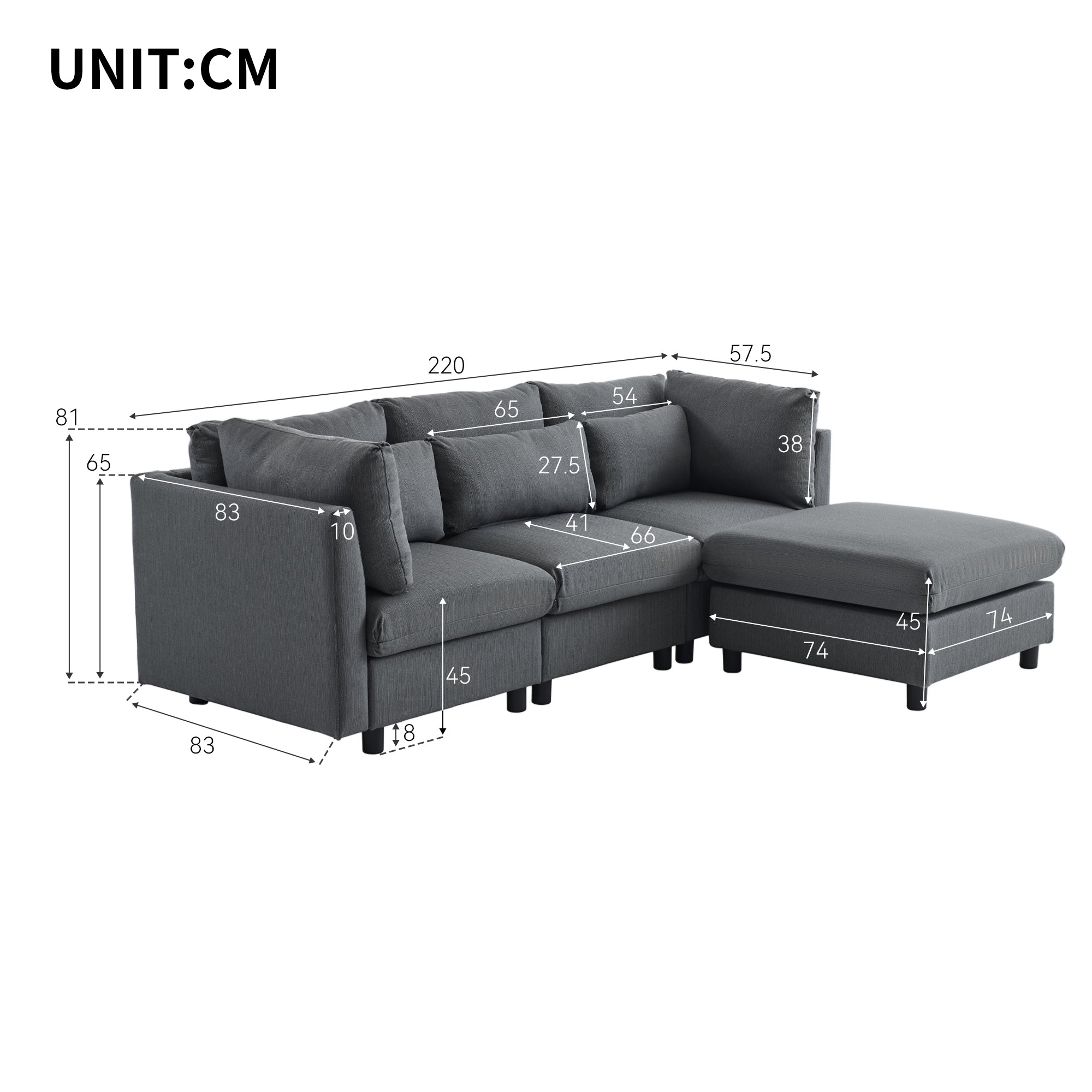 Logidon Modern Design Bank Hoekbank met Voetenbank Grijs 220 cm