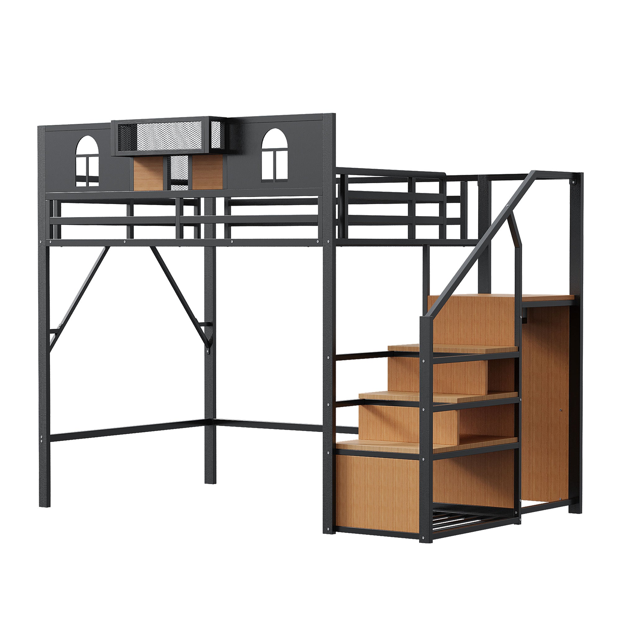 Logidon metalen hoogslaper 140x200 zwart met opbergladder