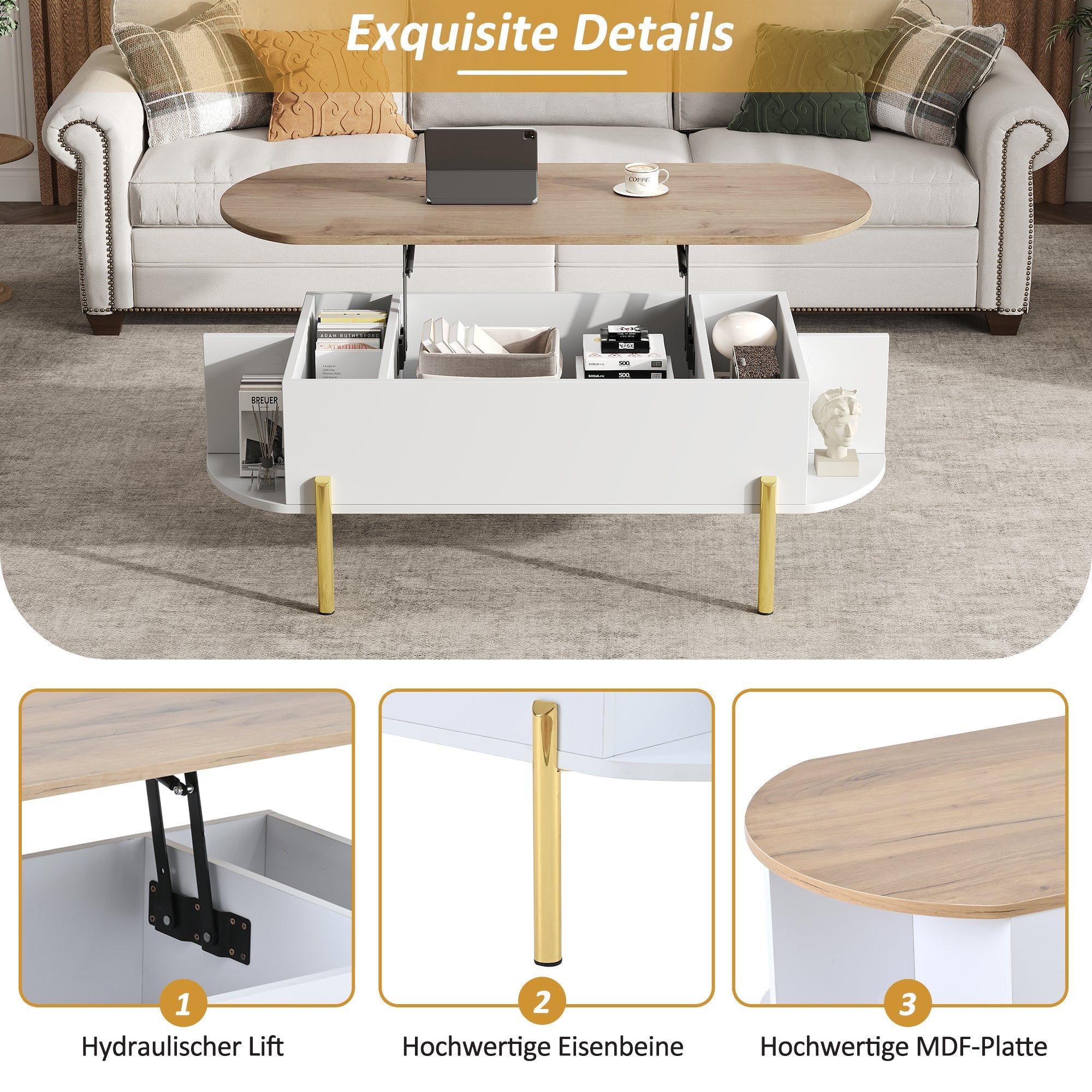 Logidon Verstelbare Salontafel 120x50x43 cm Met Opbergruimte Wit Hout